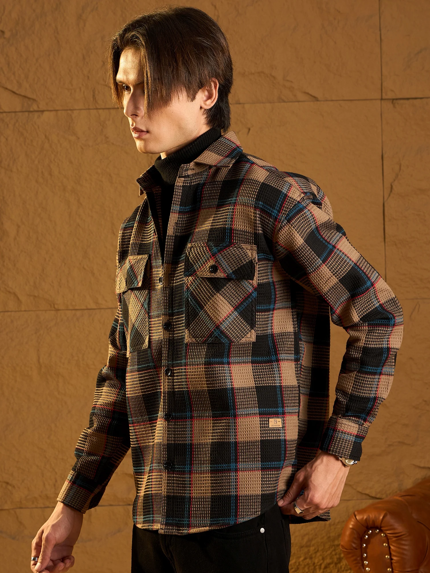 Brown & Black: Oversized Cotton Checked Shacket