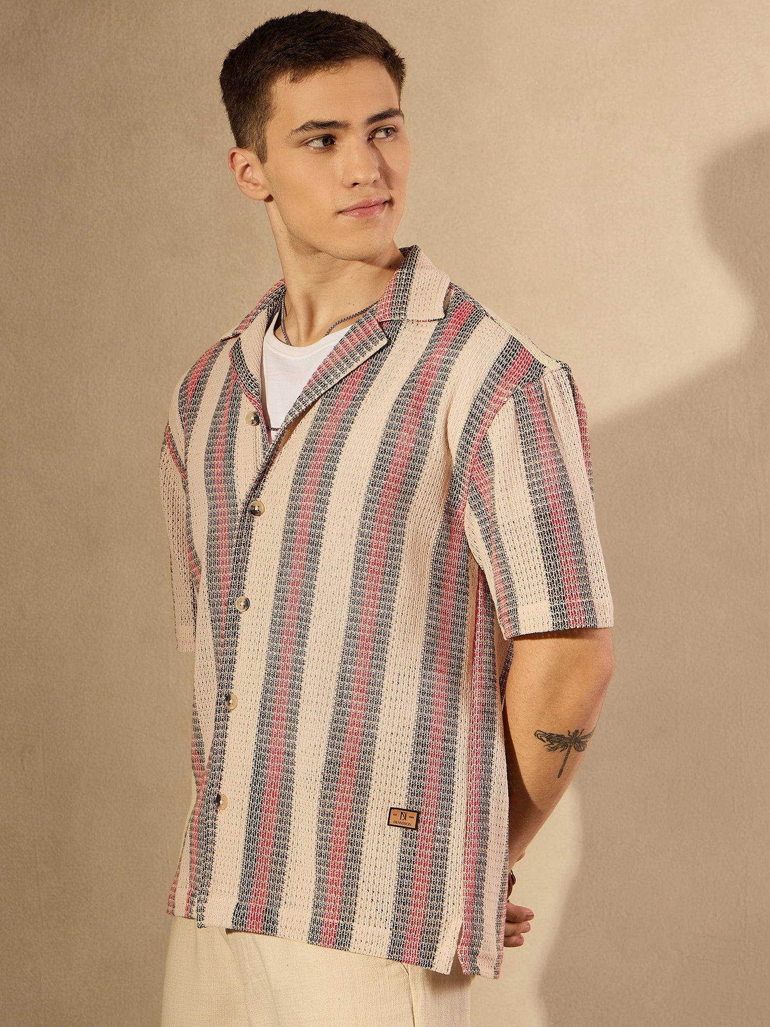Cream & Red: Half Sleeves Crochet Oversized Striped Shirt