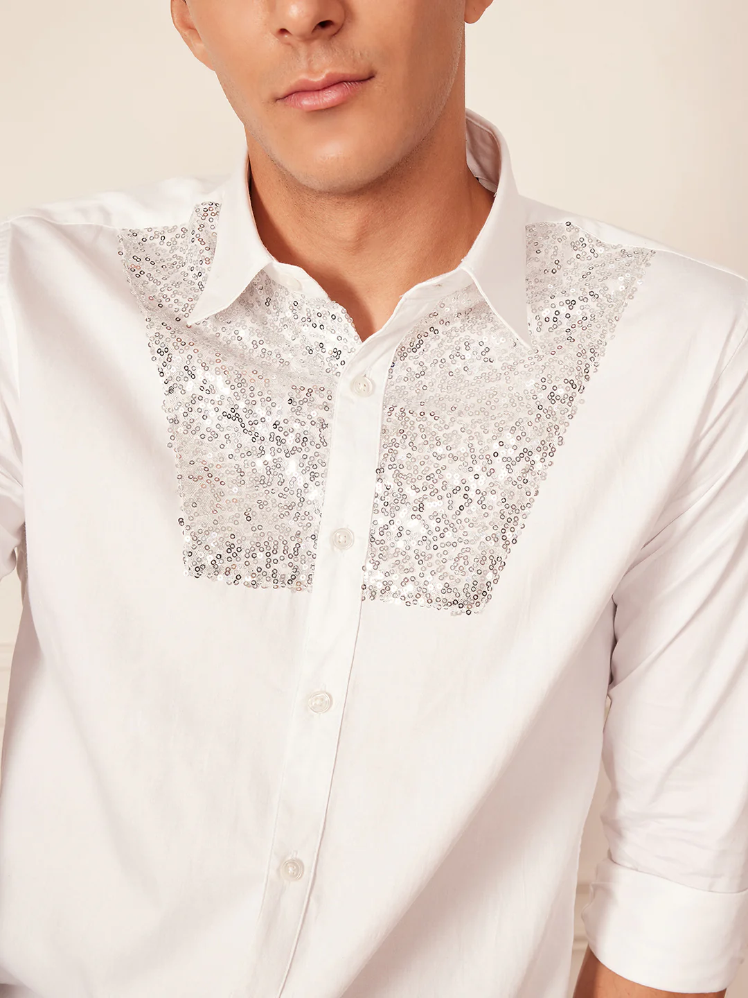 White: Full Sleeves Smart Sequinned Party Shirt