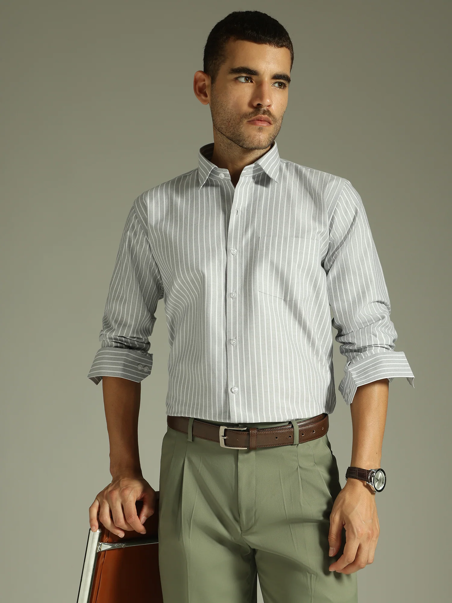 Grey & White: Vertical Stripes Formal Shirt