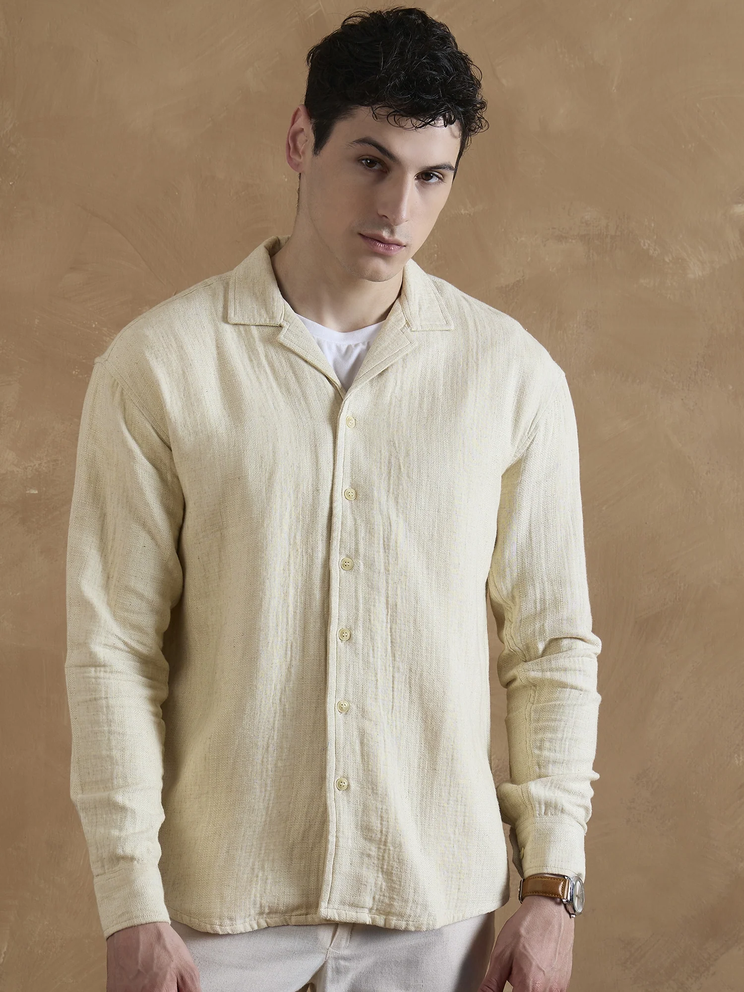 Beige: Full Sleeves Muslin Shirt