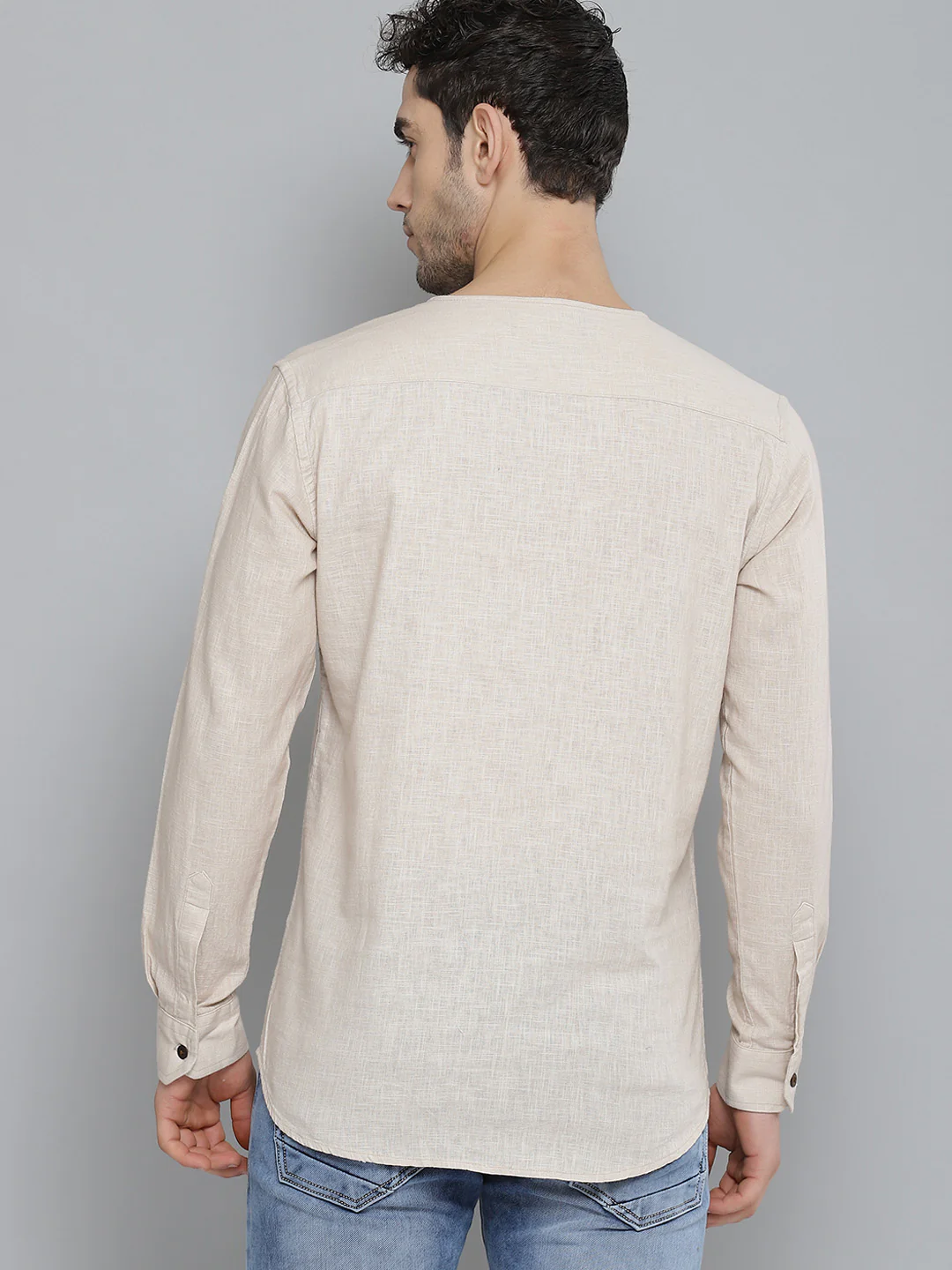 Beige: Comfort Fit Solid Shirt Style Kurta