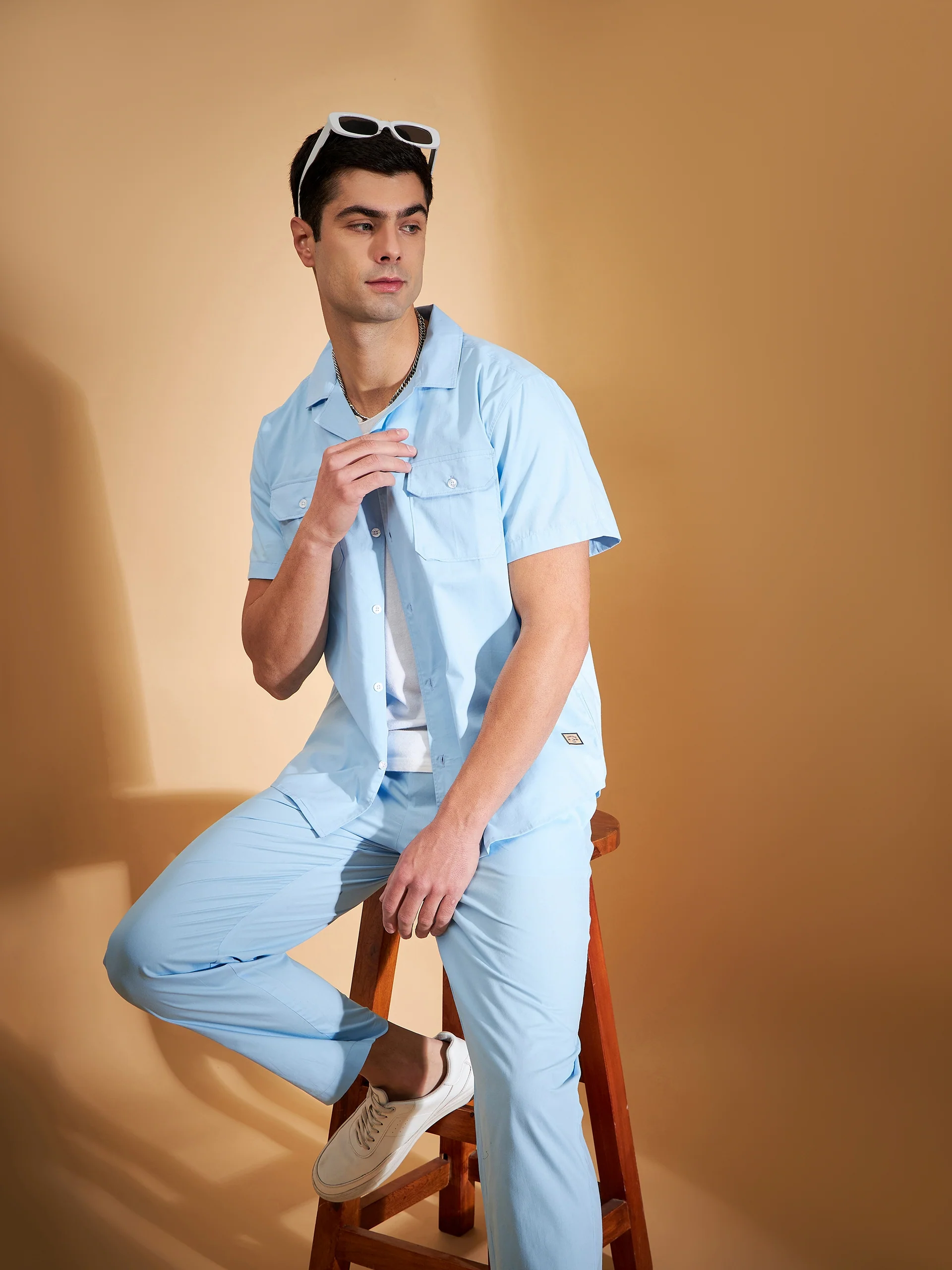 DENNISON Men Sky Blue Coord Set | Solid Shirt With Straight Fit Pant