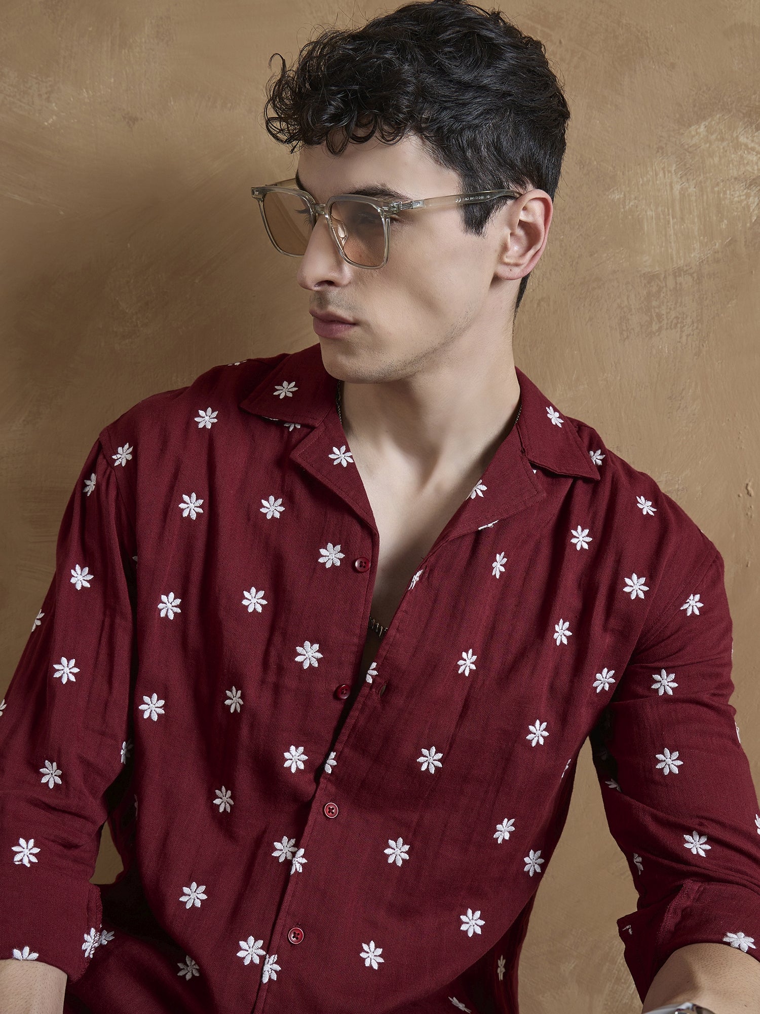 Red: Full Sleeves Muslin Embroidered Shirt