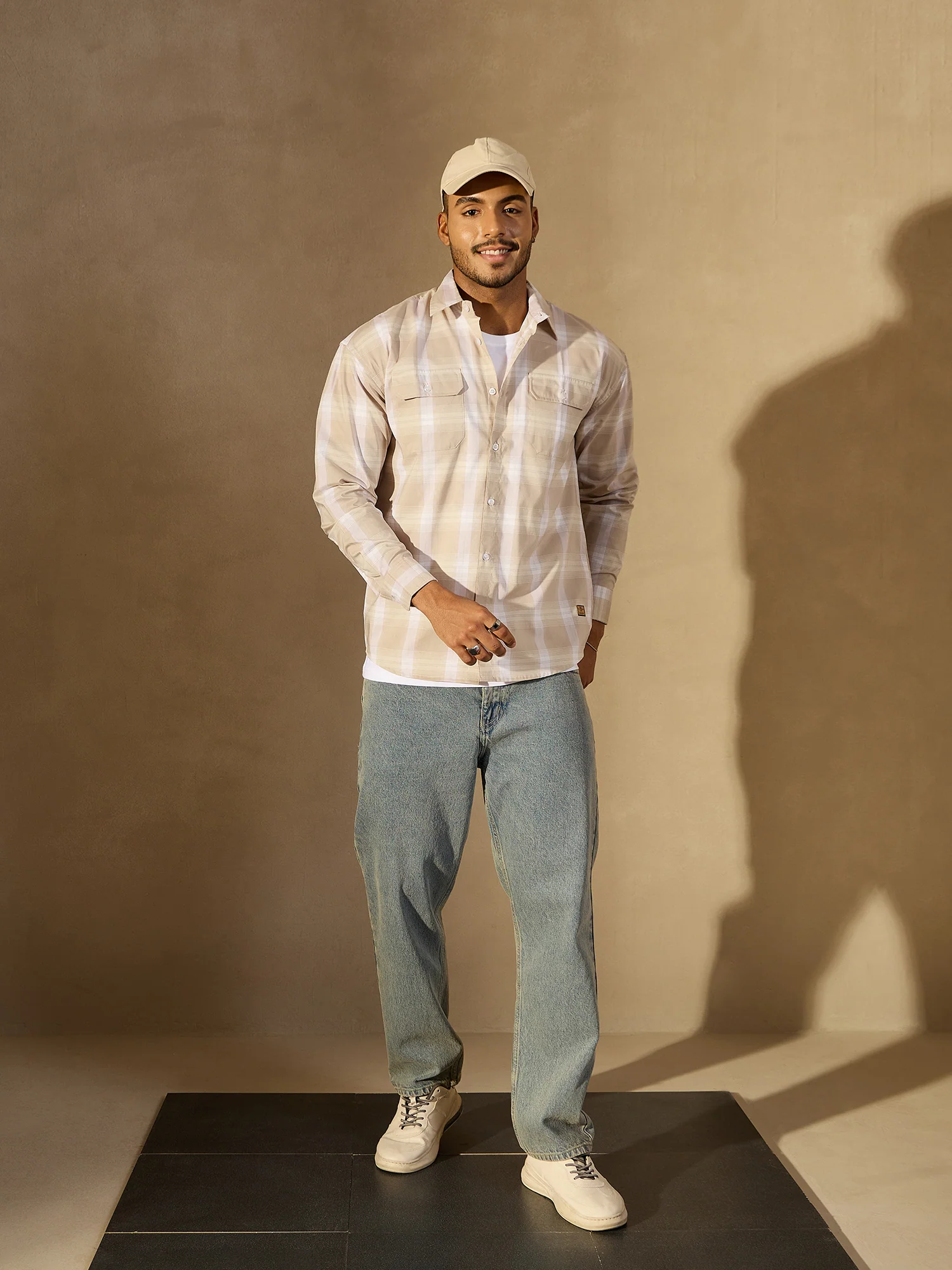 Beige: Full Sleeves Checked Casual Shirt