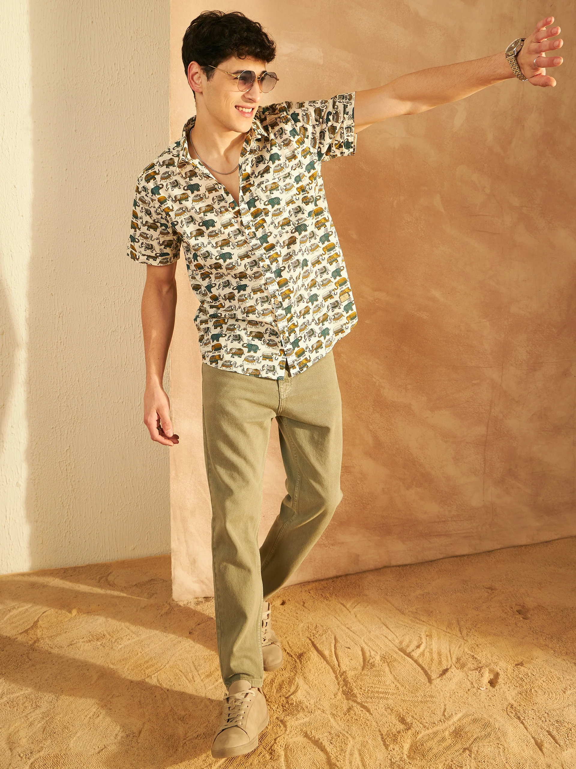 Cream & Mustard: Half Sleeves Block Printed Shirt