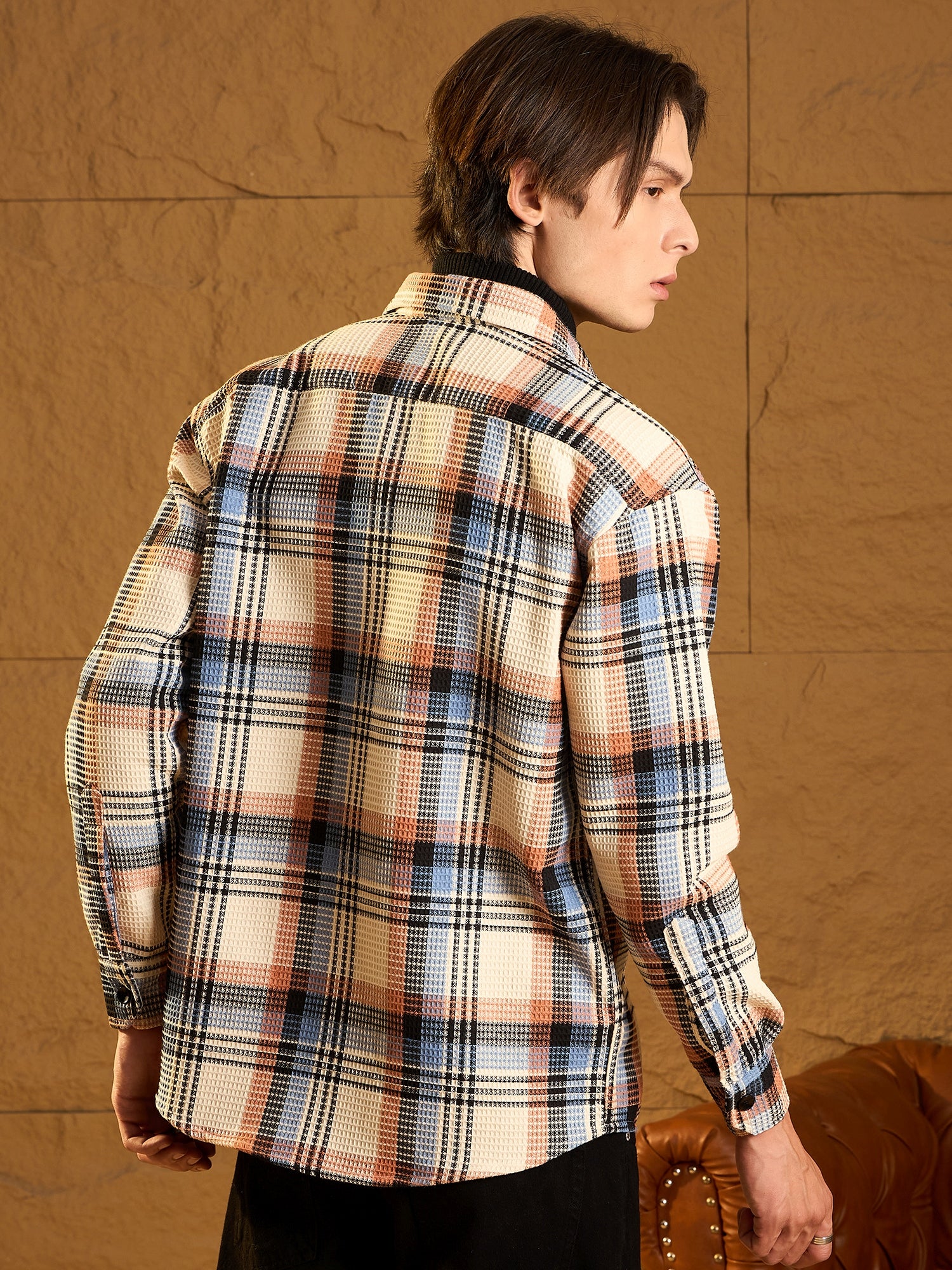 Cream Cotton Checked Oversized Shacket