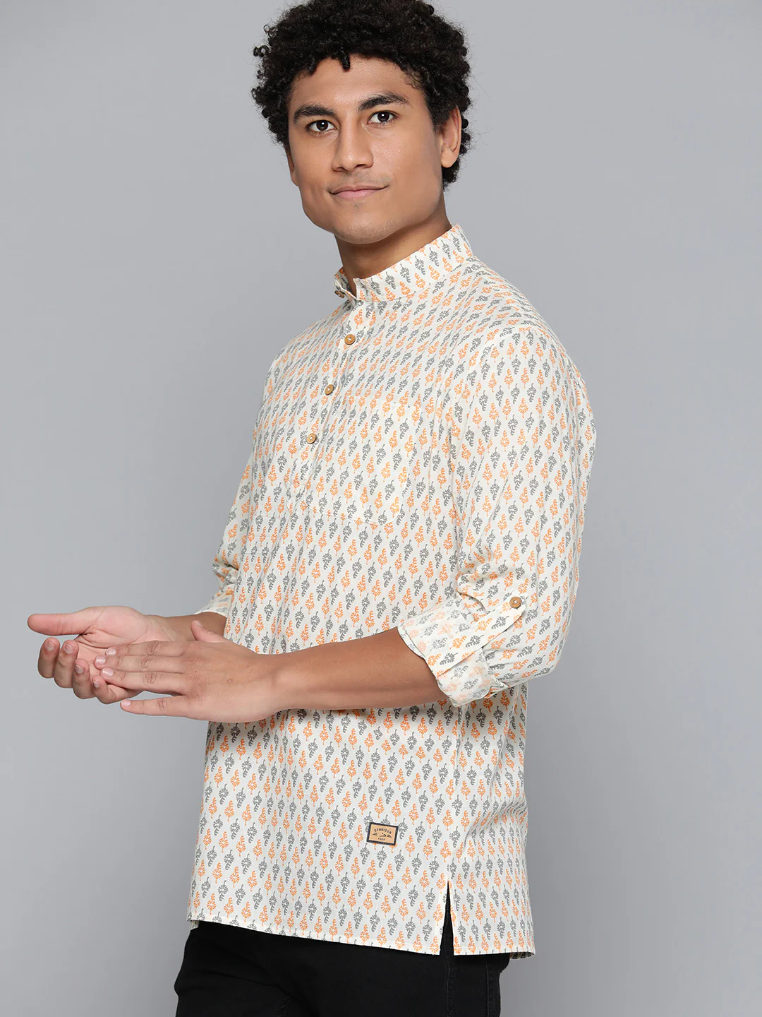 DENNISON Men White & Orange Block Printed Kurta