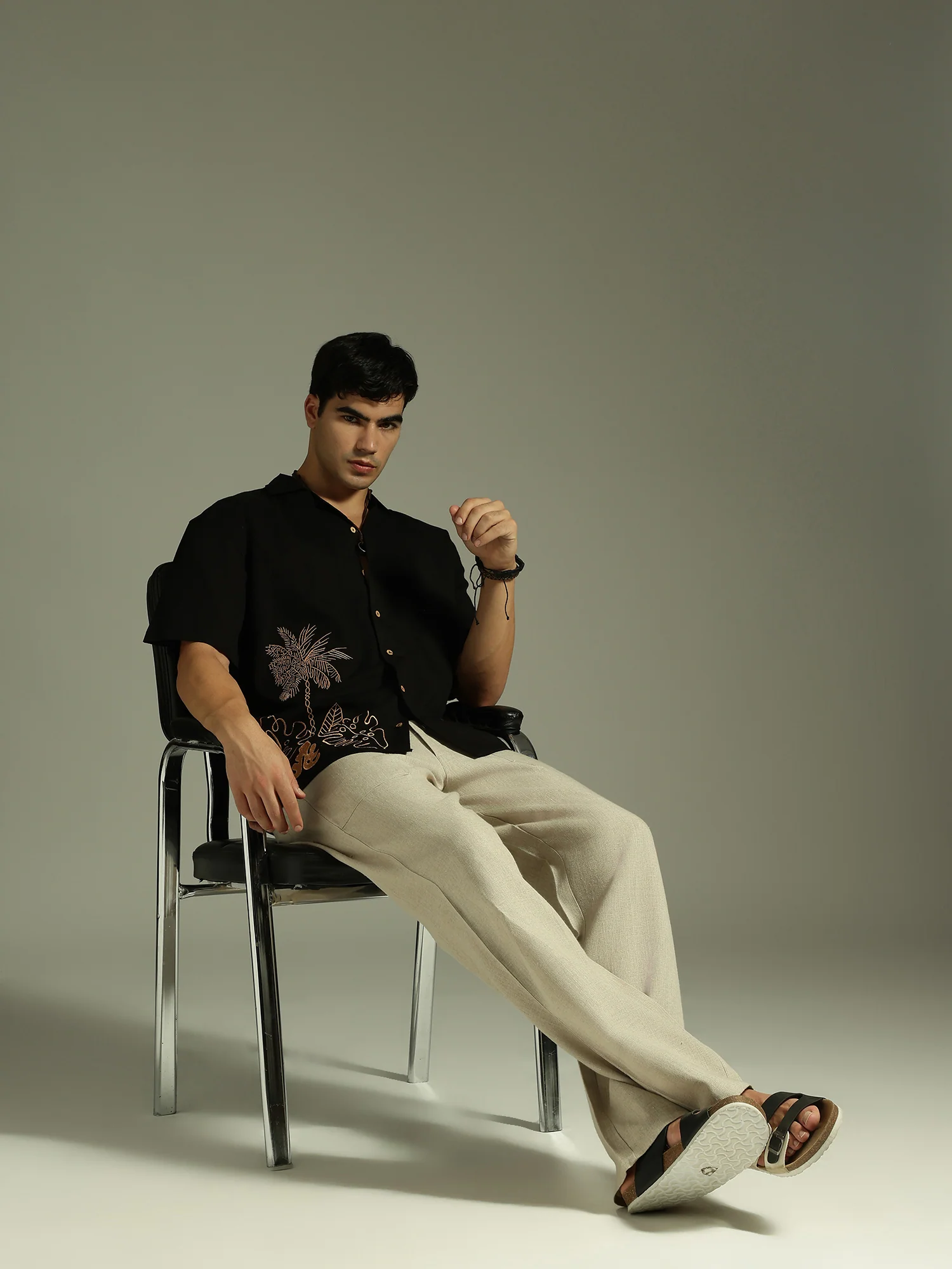Black & Copper: Embroidered Drop Shoulder Oversized Shirt