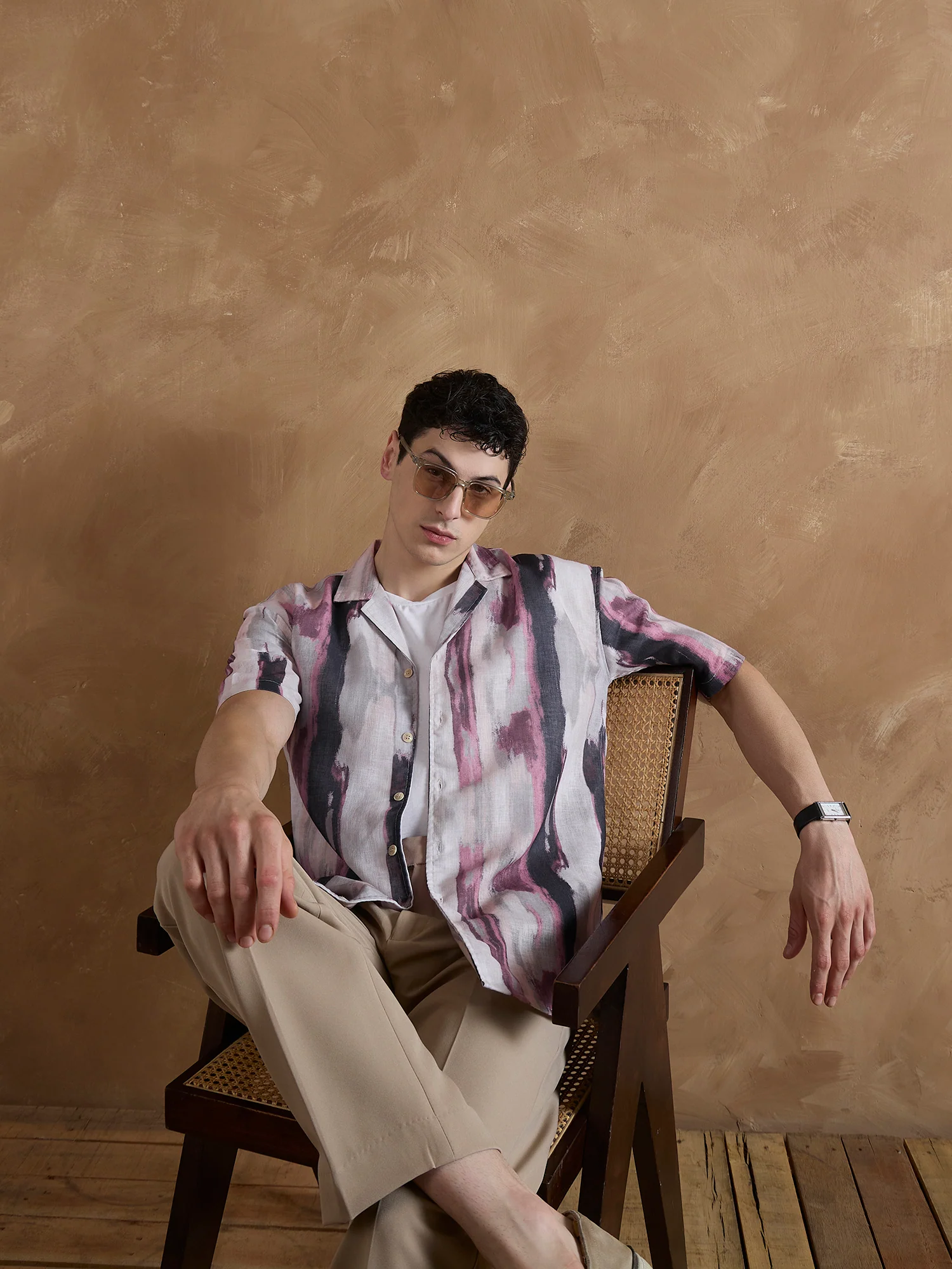 Pink & Cream: Half Sleeves Abstract Printed Shirt