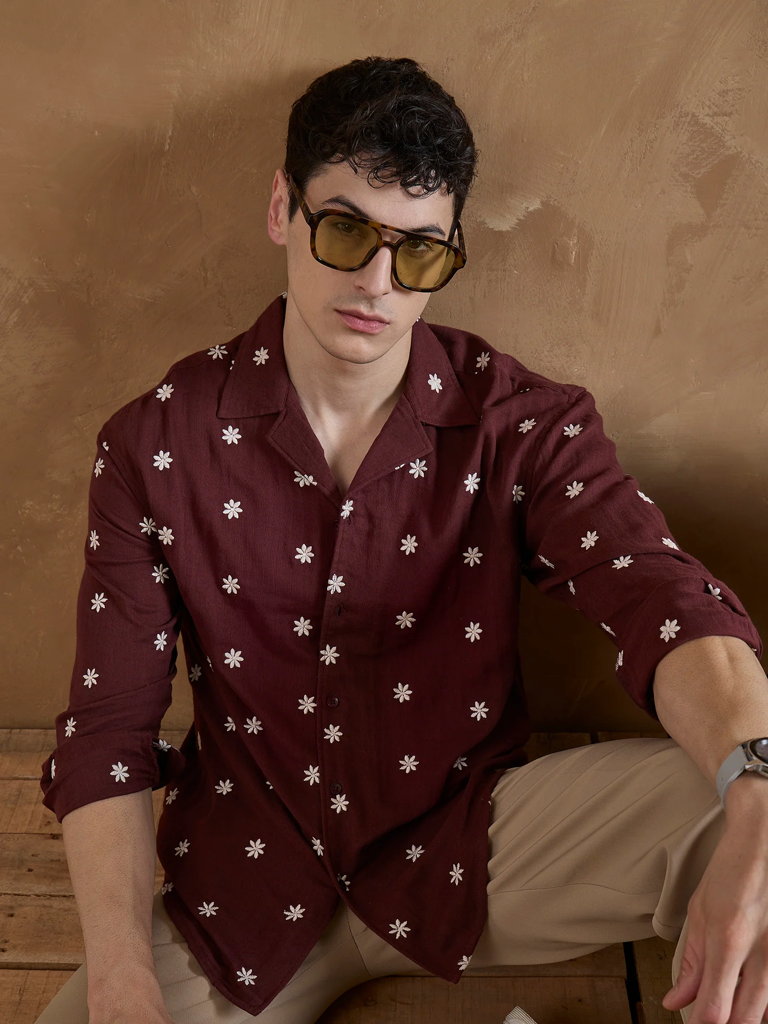 Maroon: Full Sleeves Muslin Embroidered Shirt