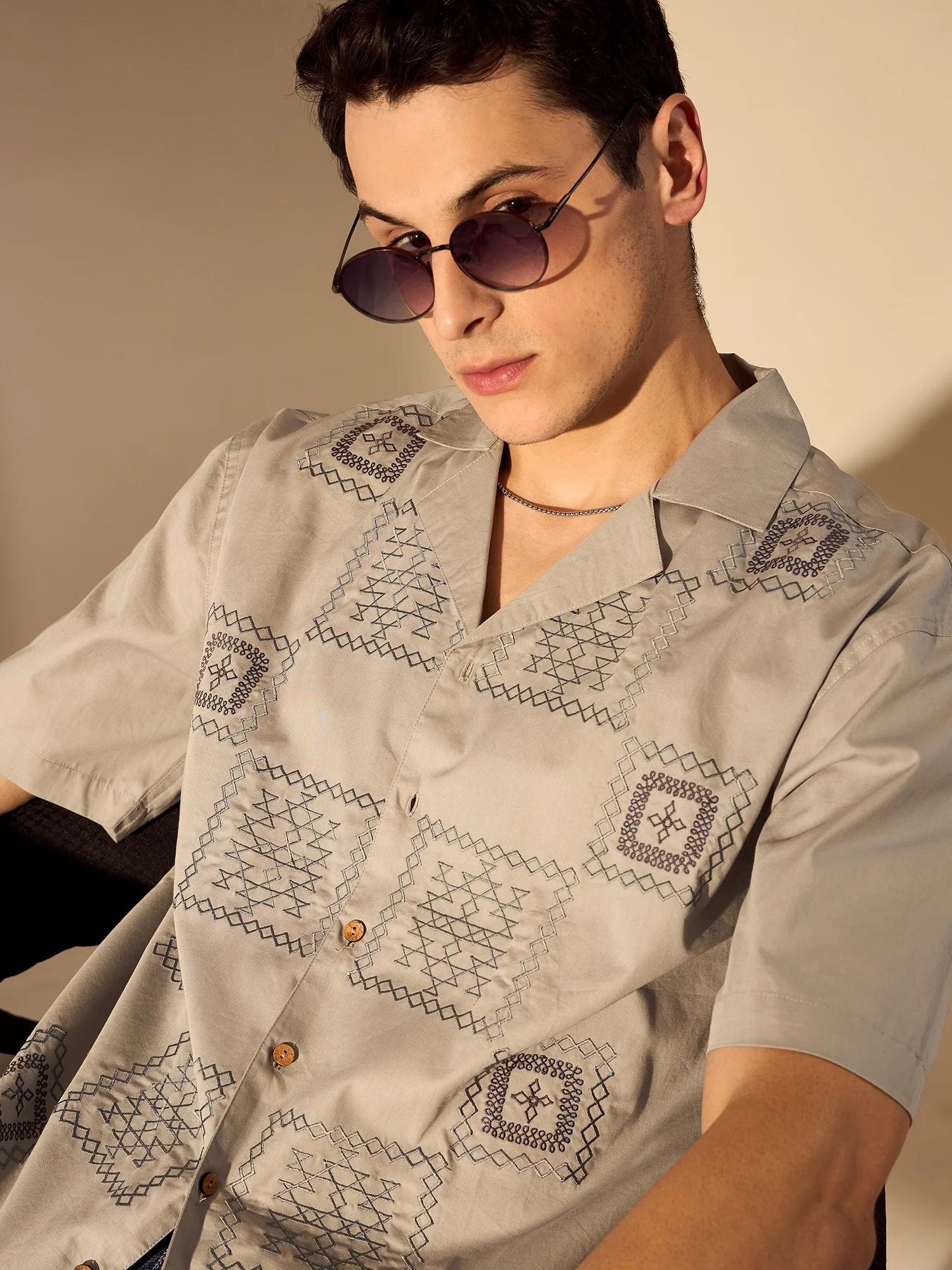 Grey: Half Sleeves Embroidery Shirt