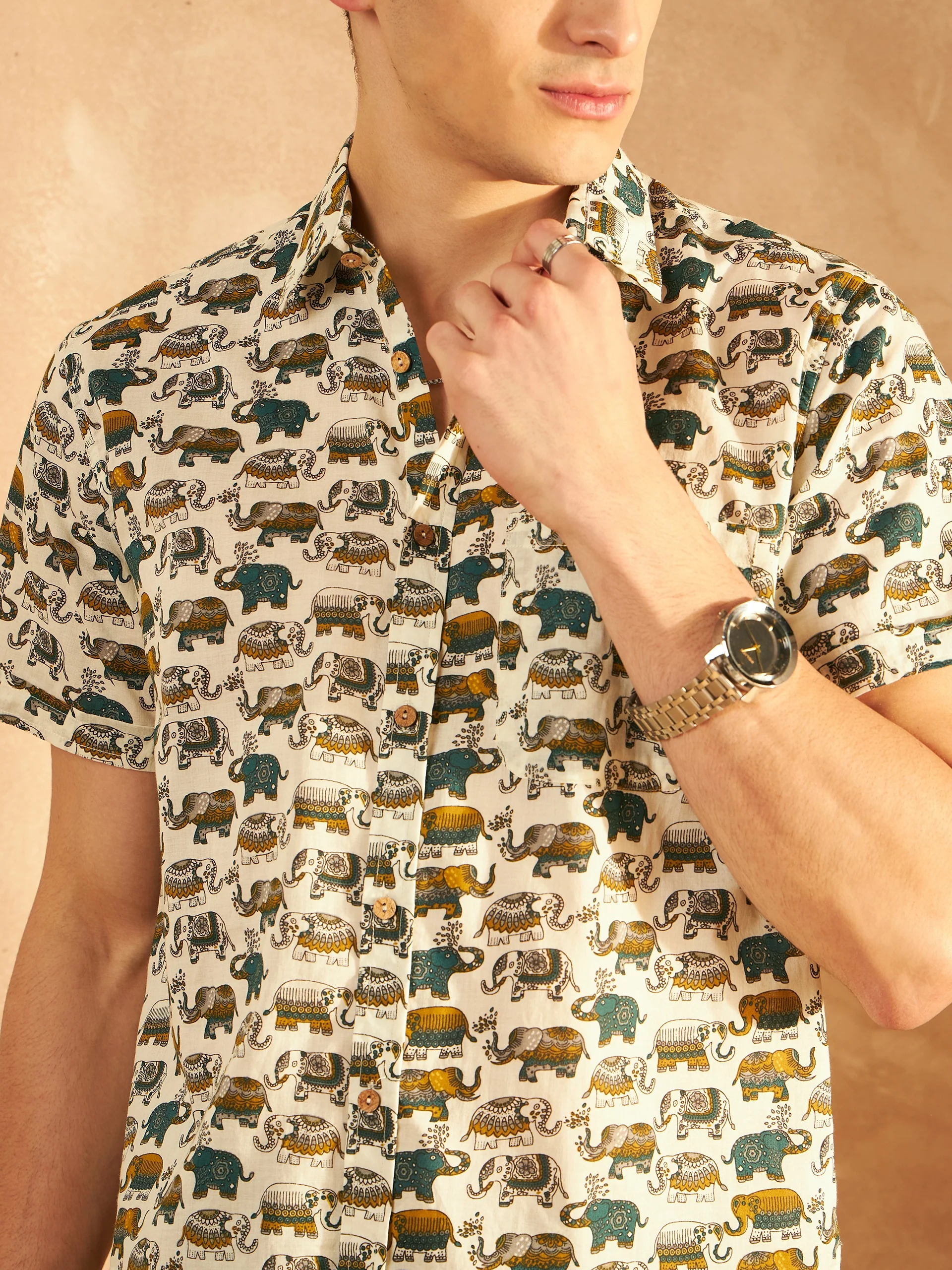 Cream & Mustard: Half Sleeves Block Printed Shirt