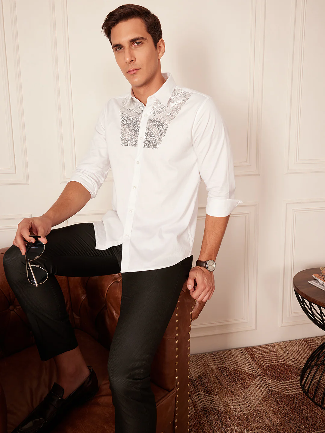 White: Full Sleeves Smart Sequinned Party Shirt