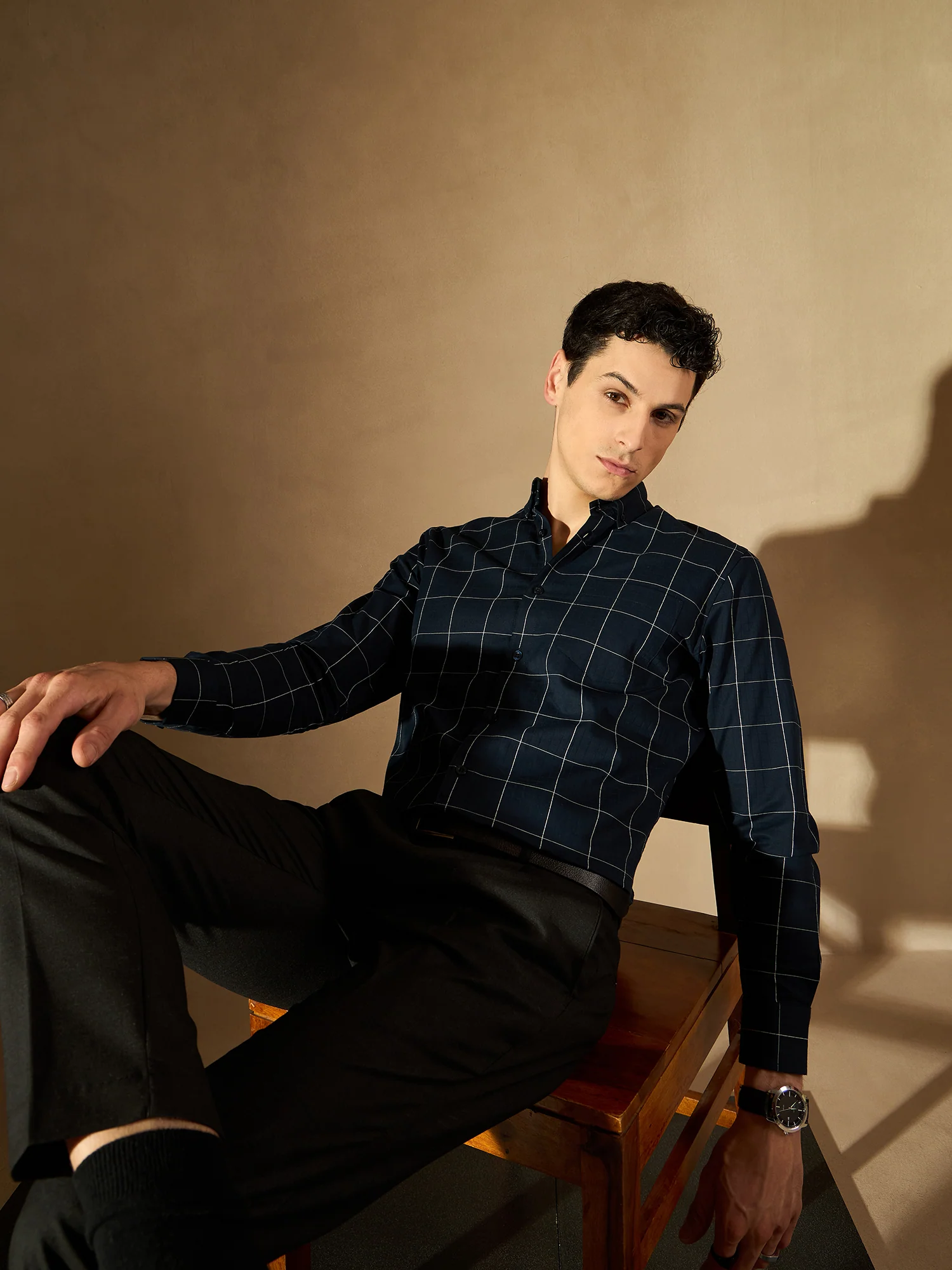 Navy Blue: Full Sleeves Checked Formal Shirt