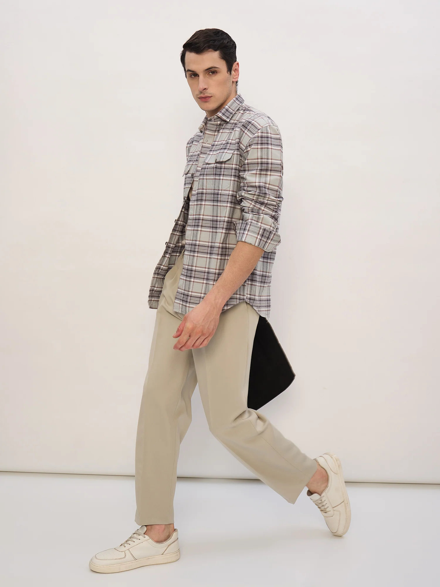 Mint & Grey: Full Sleeves Double Pocket Checkered Shirt