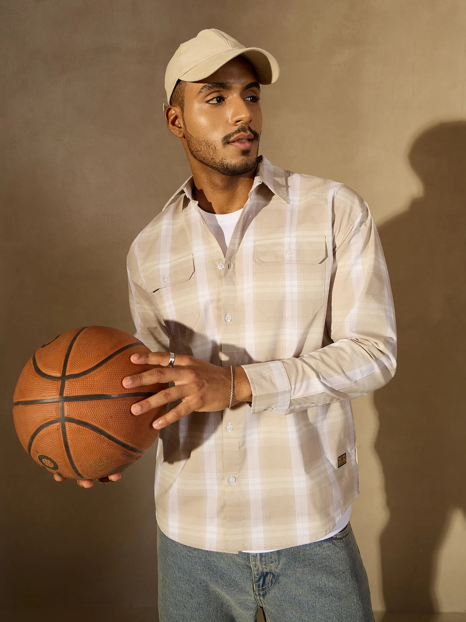 Beige: Full Sleeves Checked Casual Shirt