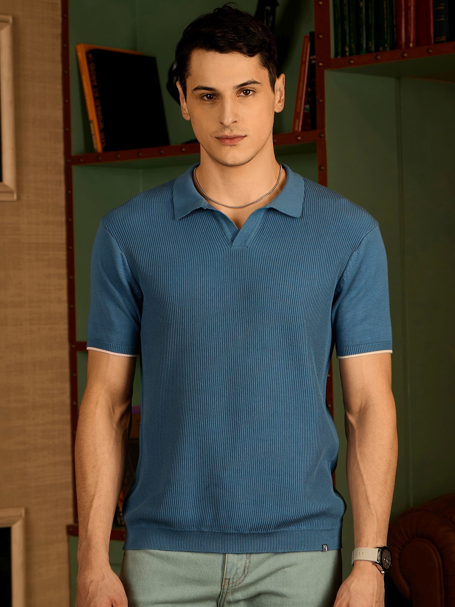 Steel Blue: Relaxed Textured Polo T-Shirt