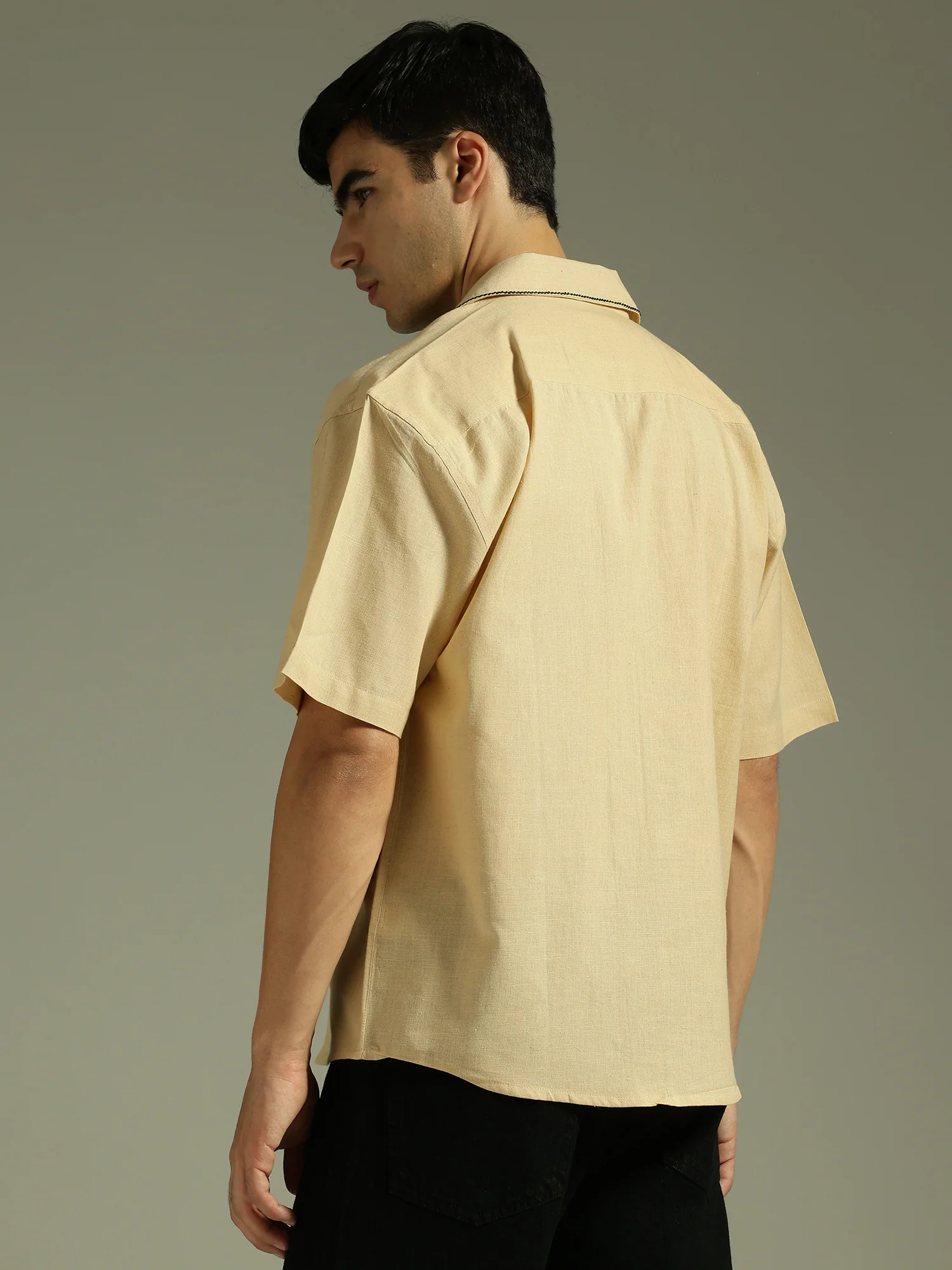 Beige & Black: Embroidered Drop Shoulder Oversized Shirt