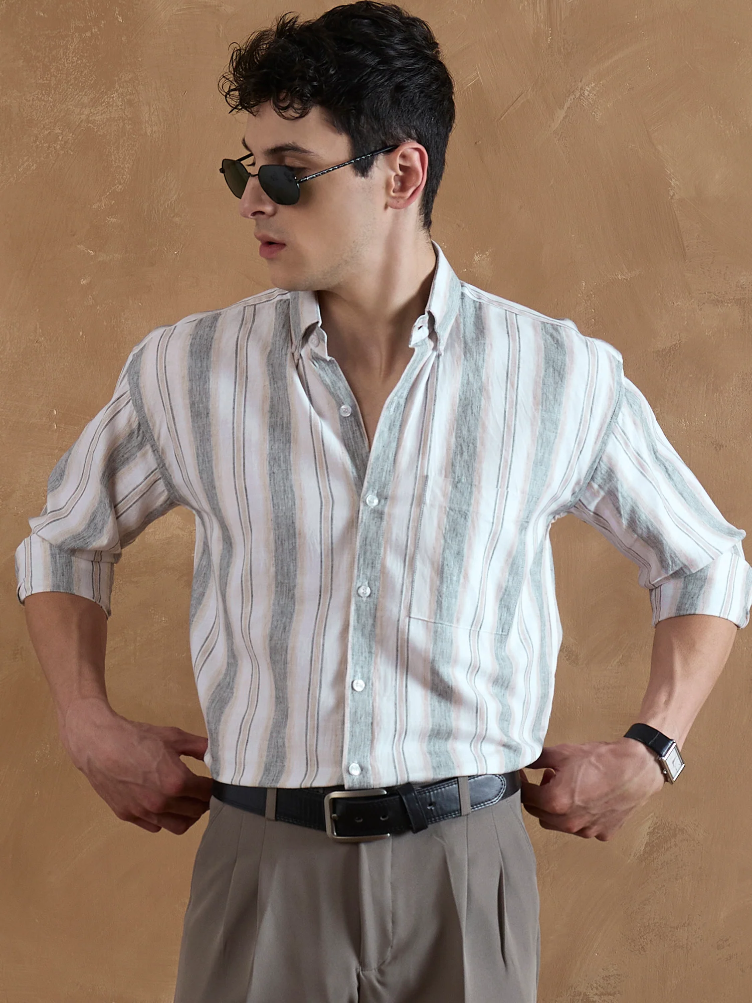 Grey & Cream: Full Sleeves Vertical Stripes Shirt
