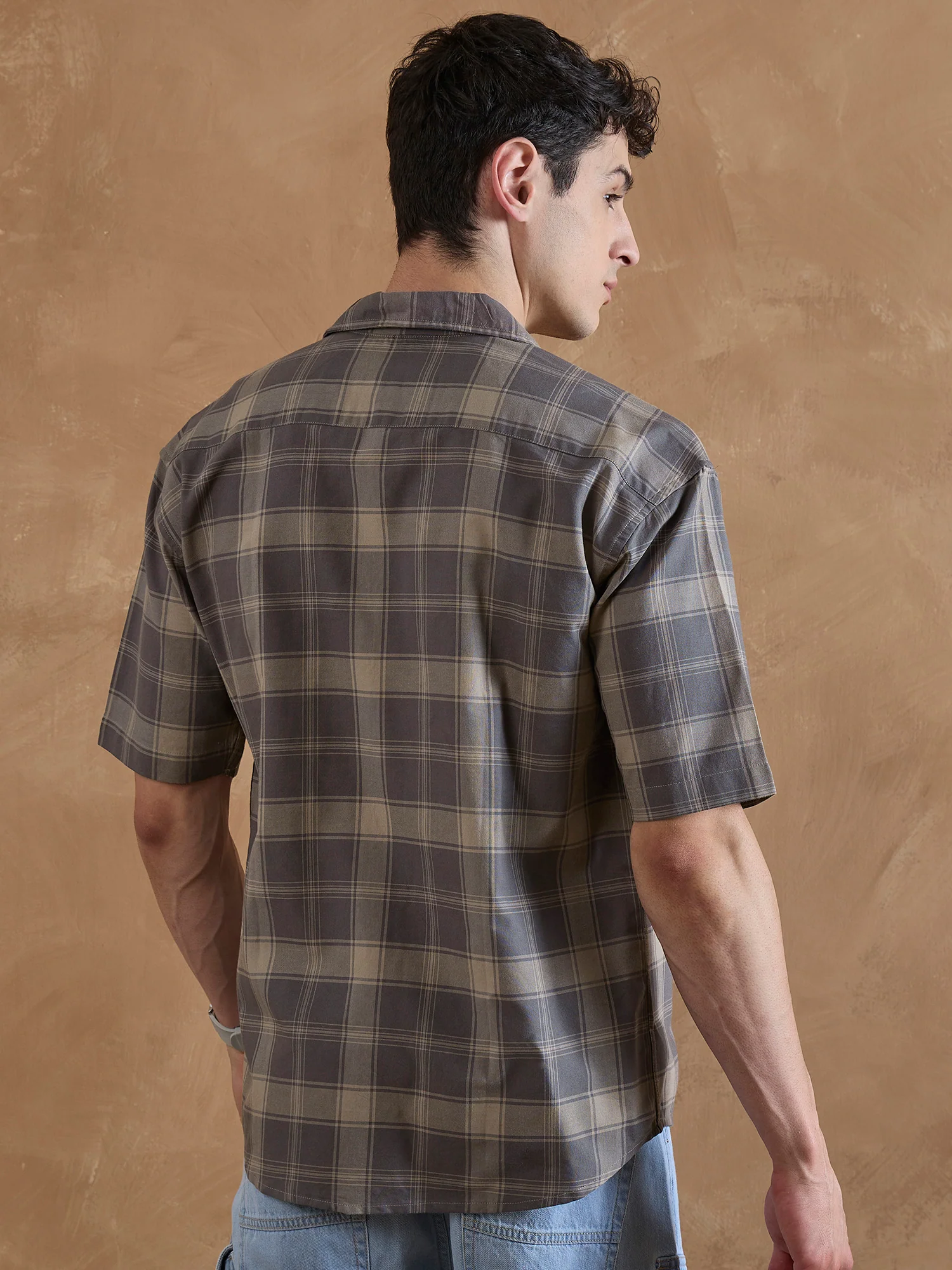 Dark Grey: Half Sleeves Double Pocket Checkered Shirt
