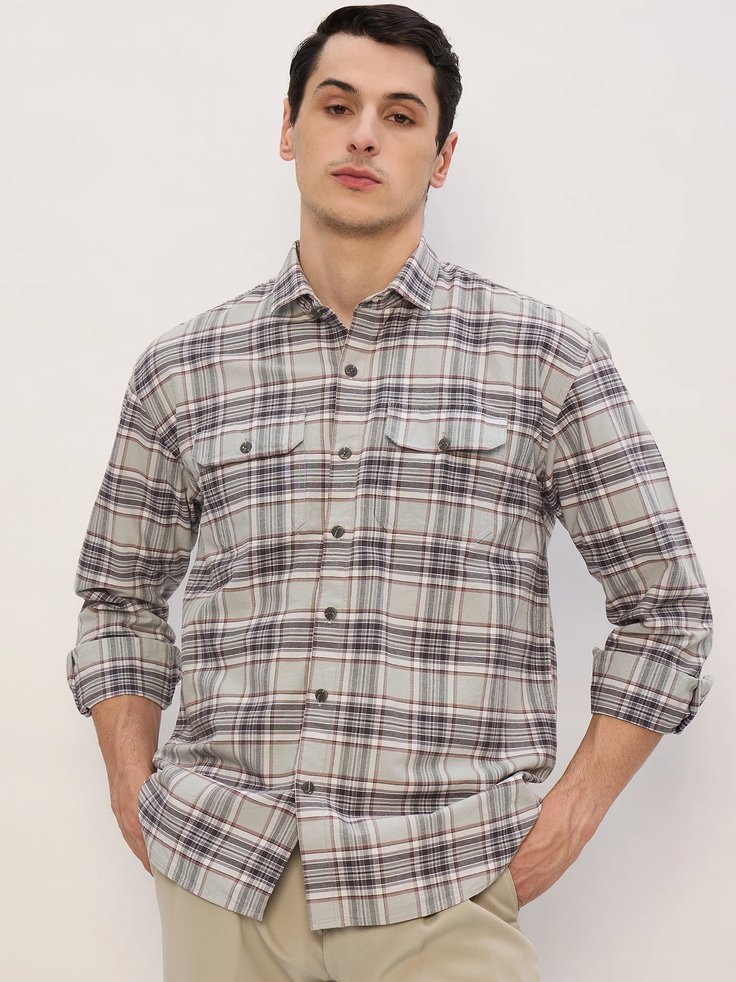 Mint & Grey: Full Sleeves Double Pocket Checkered Shirt