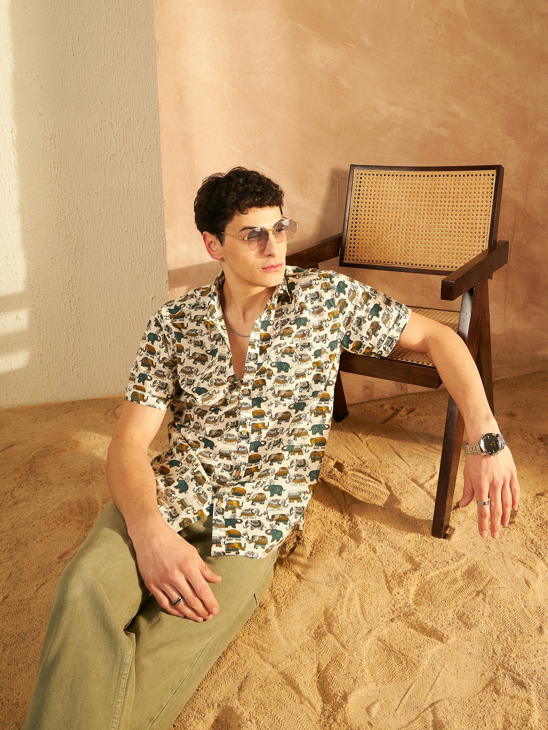 Cream & Mustard: Half Sleeves Block Printed Shirt