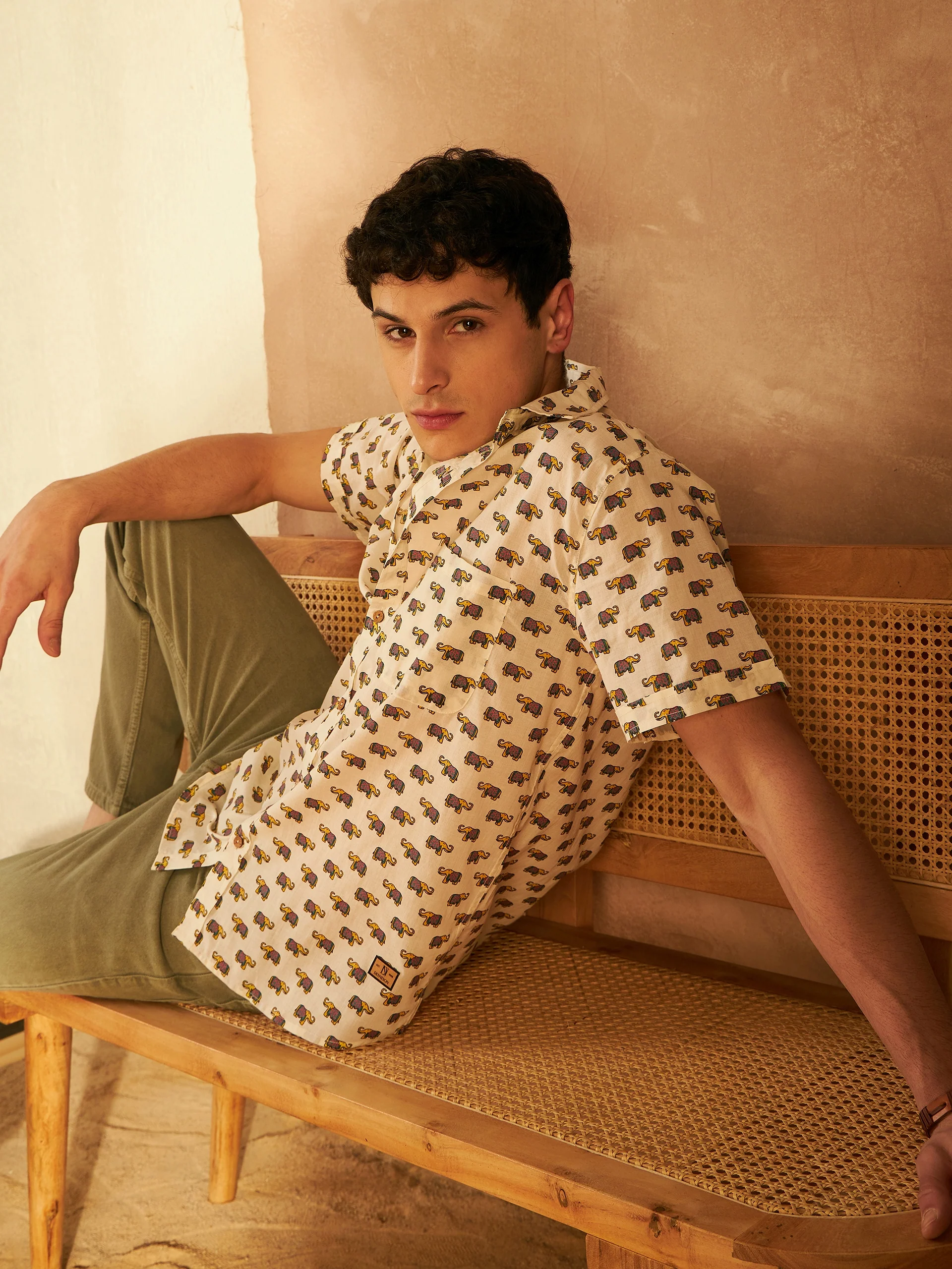 Cream & Mustard: Half Sleeves Block Printed Shirt