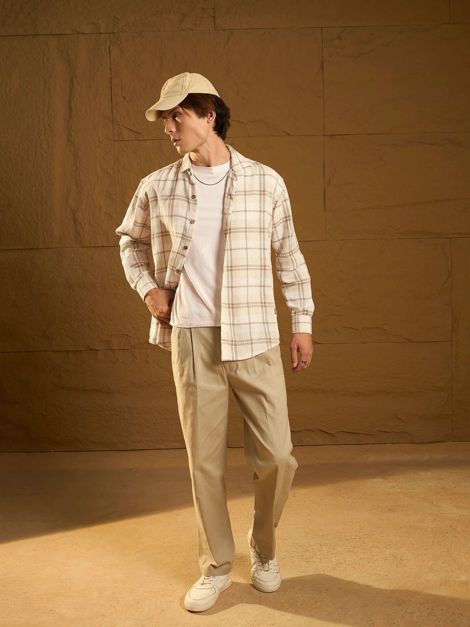 Light Brown: Full Sleeves Windowpane Checked Shirt