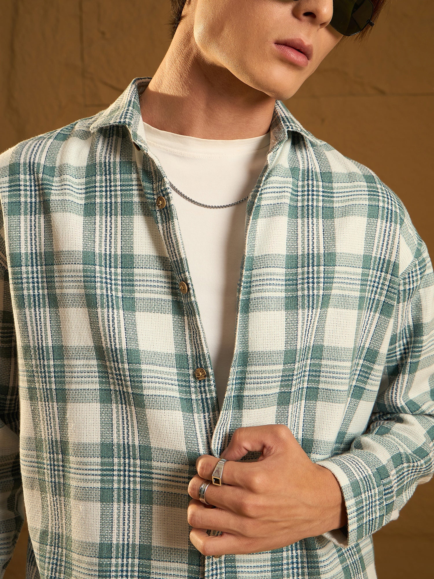 Green: Full Sleeves Windowpane Checked Shirt