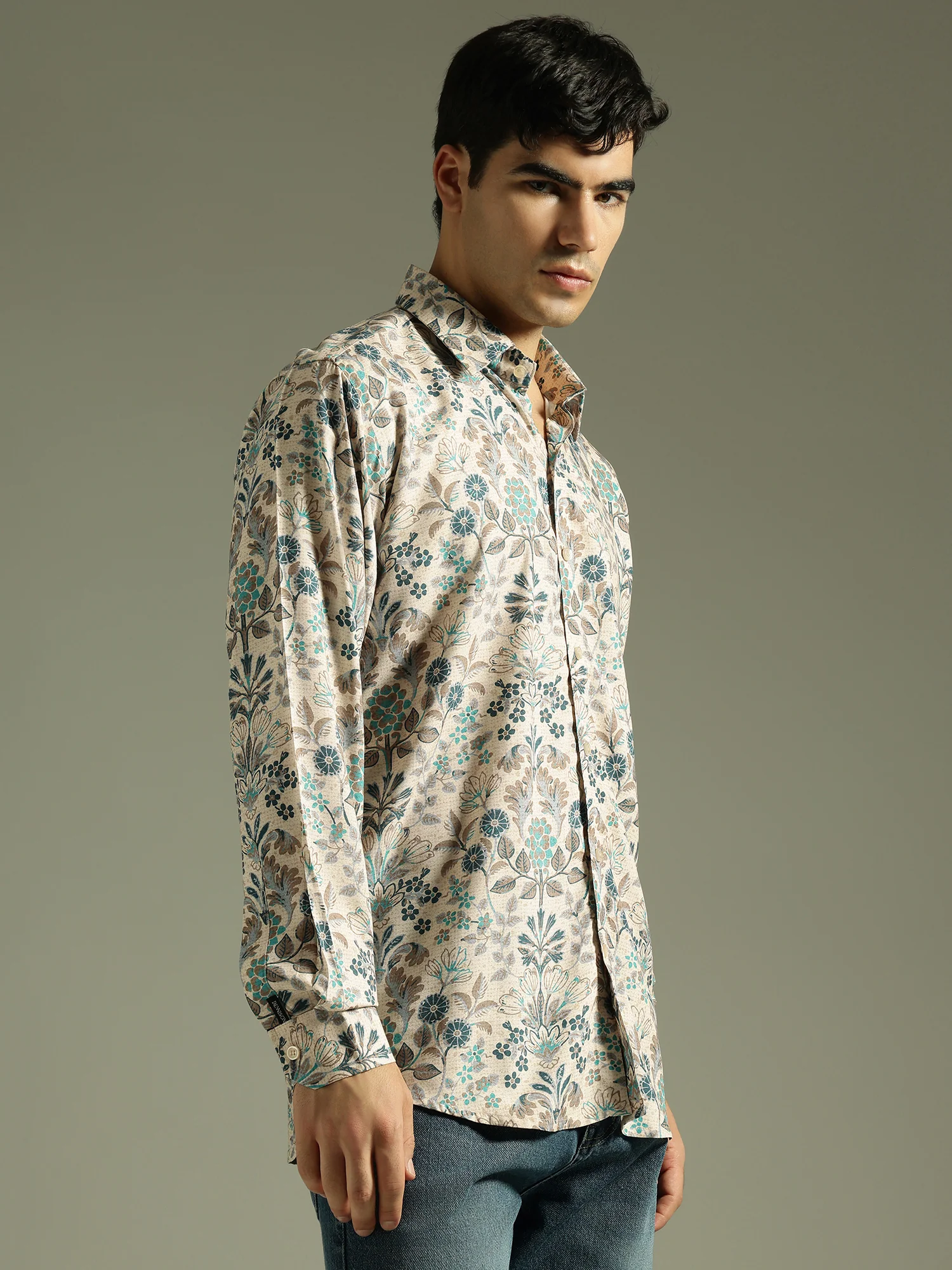 Beige: Full Sleeves Floral Printed Shirt