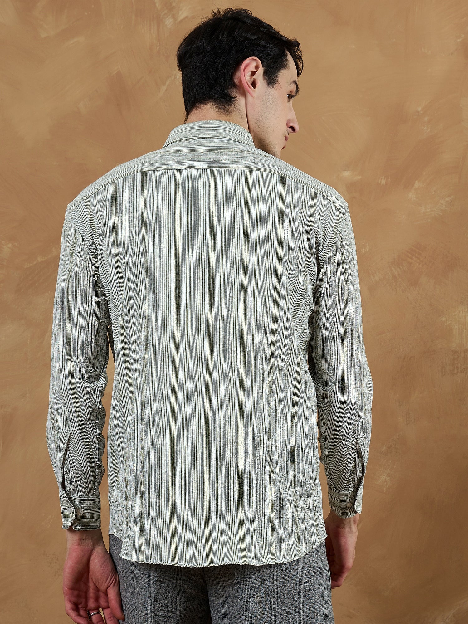 Olive Green & White: Striped Oversized Casual Shirt