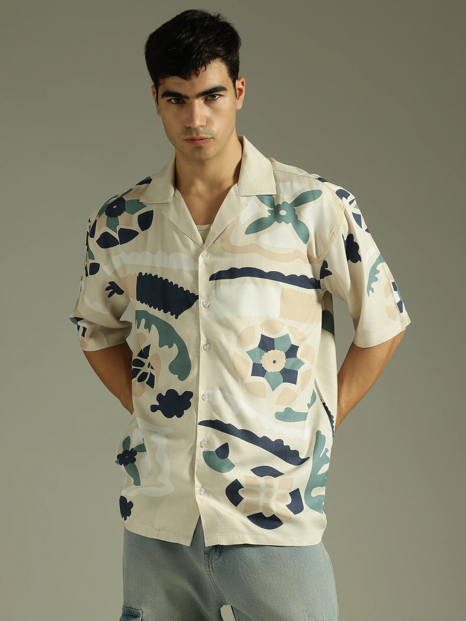 Beige: Abstract Printed Drop Shoulder Oversized Shirt