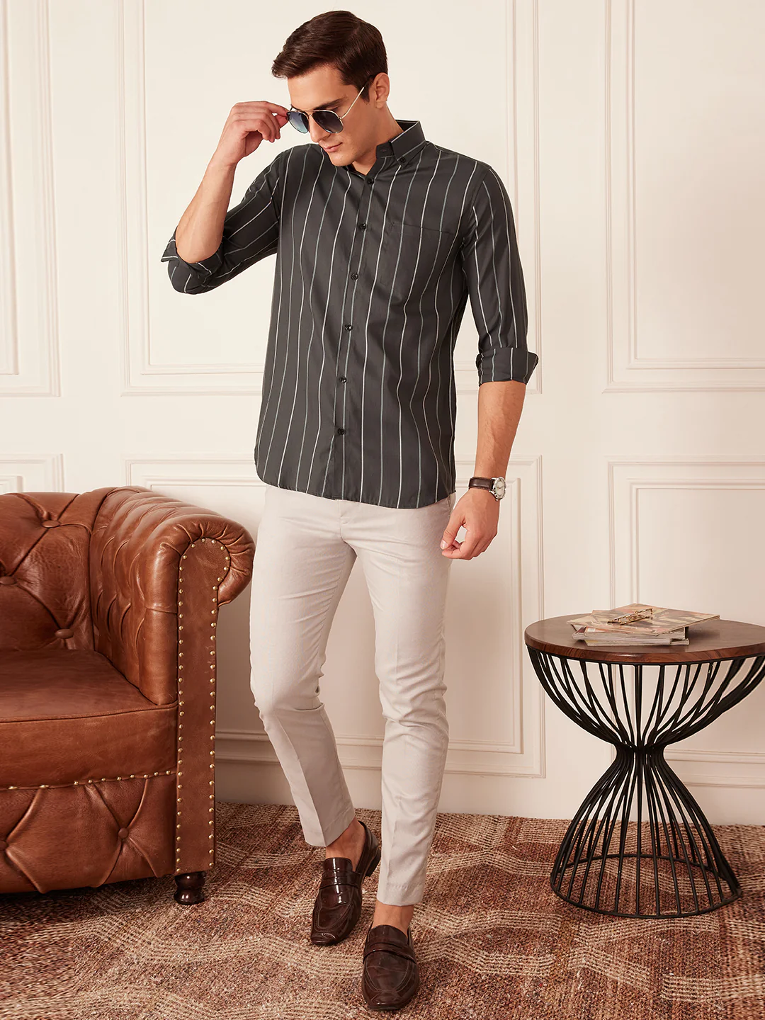 Dark Green & off white: Full Sleeve Button-Down Collar Striped Shirt