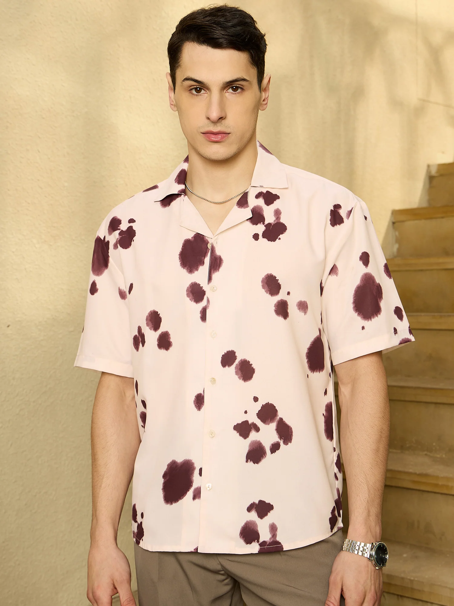 Cream & Purple: Abstract Printed Oversized Shirt