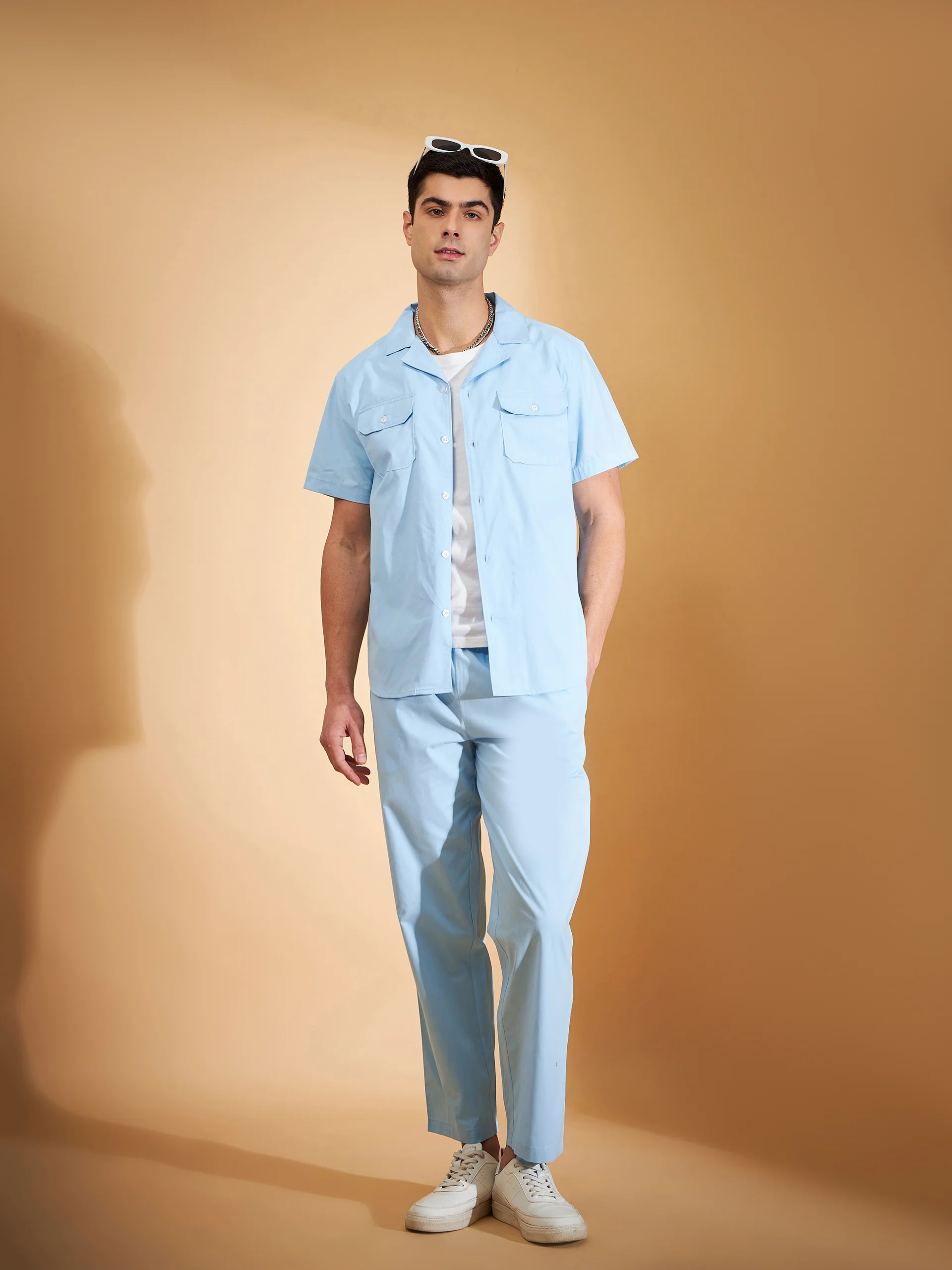 DENNISON Men Sky Blue Coord Set | Solid Shirt With Straight Fit Pant