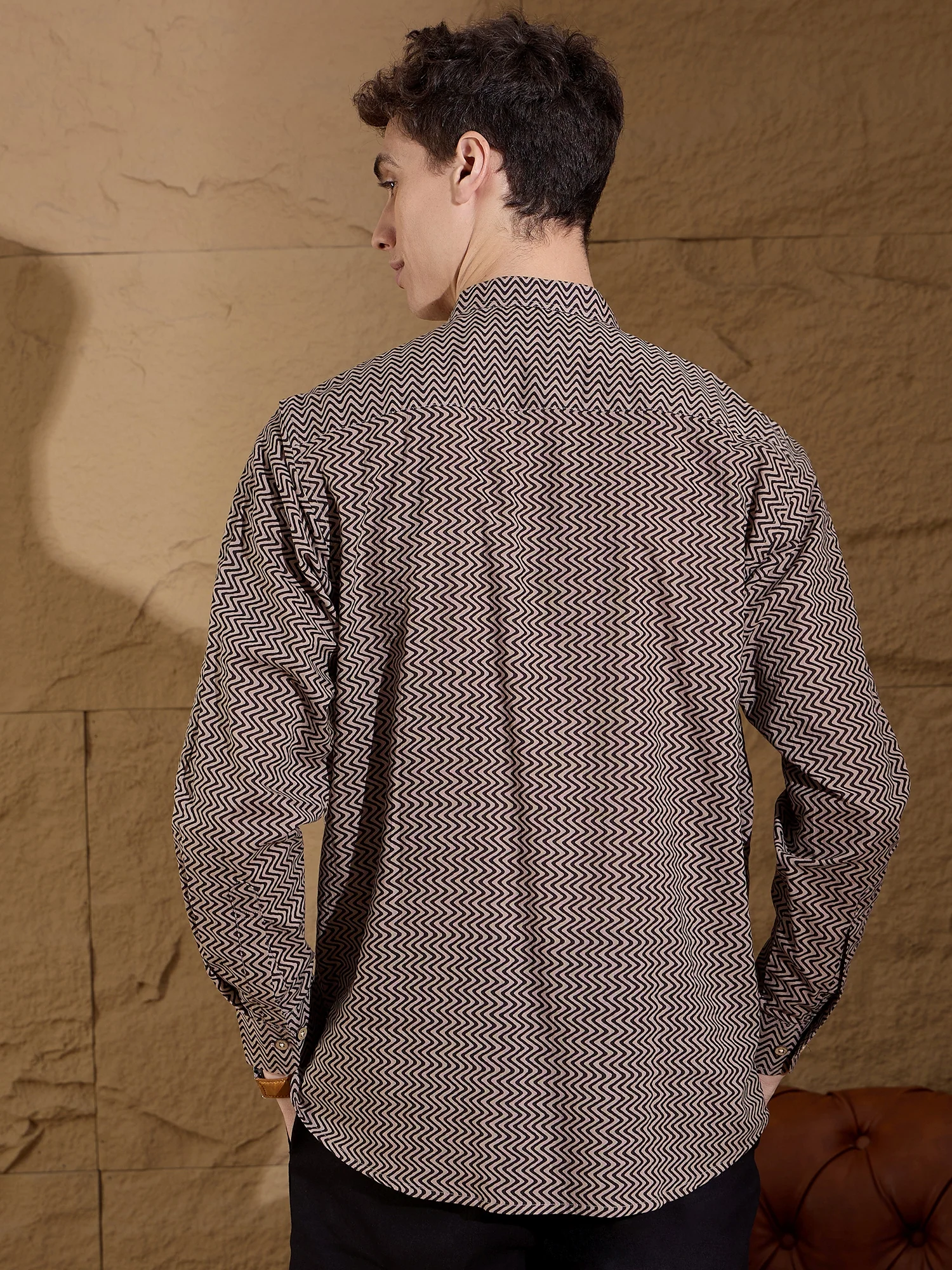 Black and Brown: Full Sleeves Printed Short Kurta
