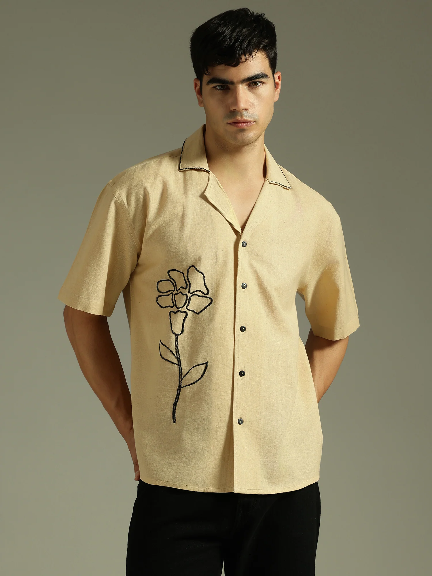 Beige & Black: Embroidered Drop Shoulder Oversized Shirt