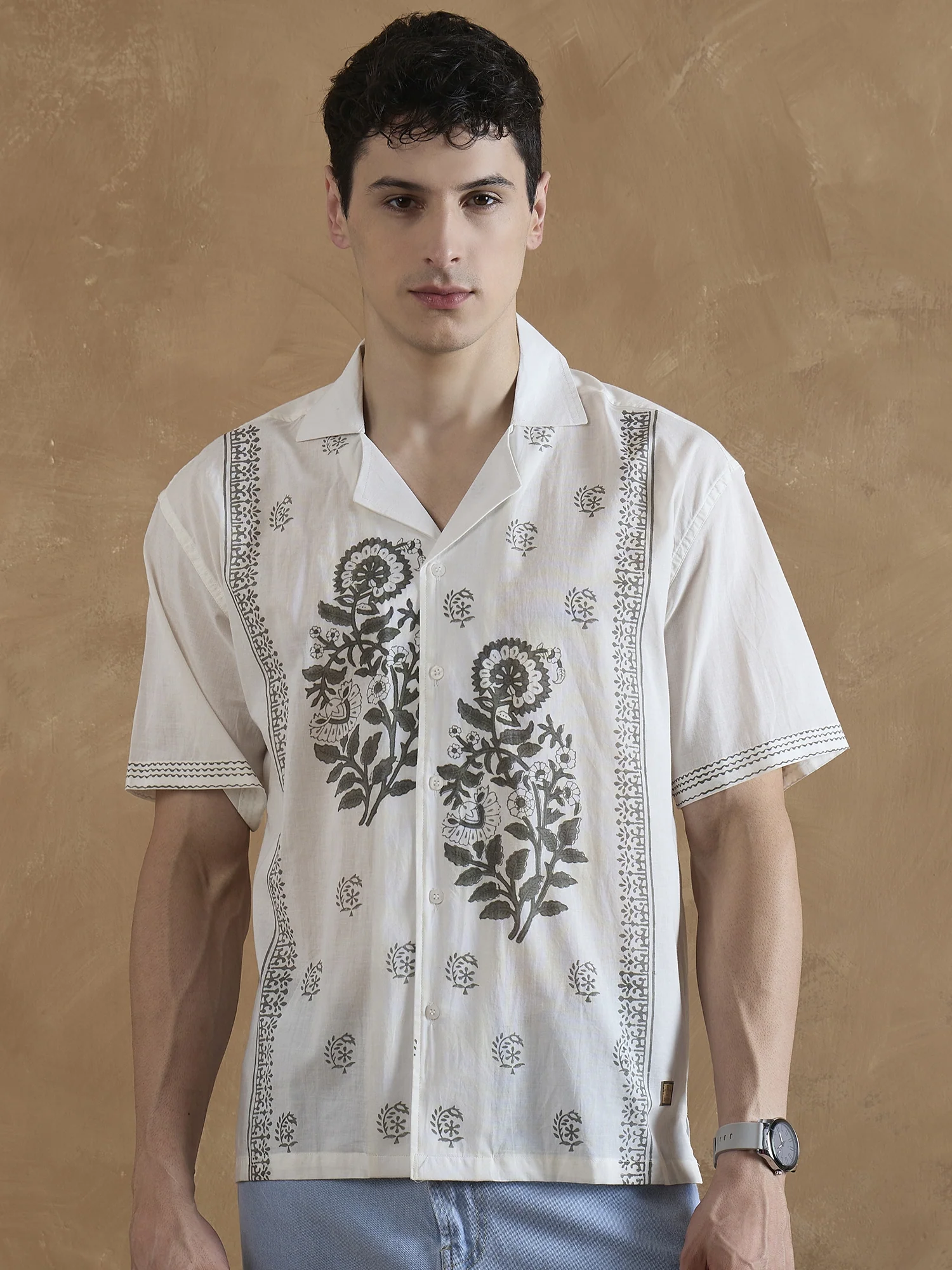 Off White & Grey: Half Sleeves Hand Block Printed Shirt