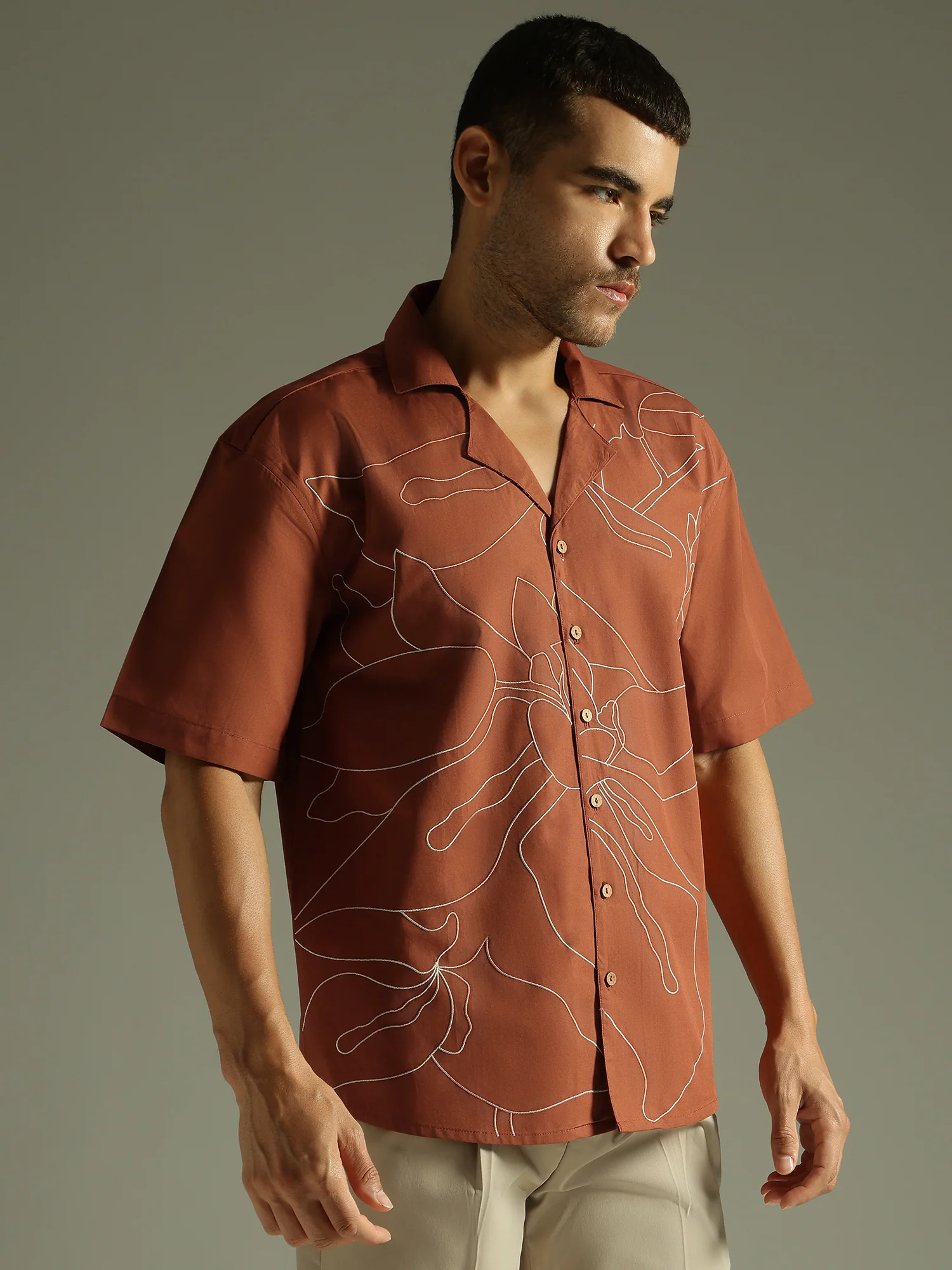 Rust: Embroidered Drop Shoulder Oversized Shirt