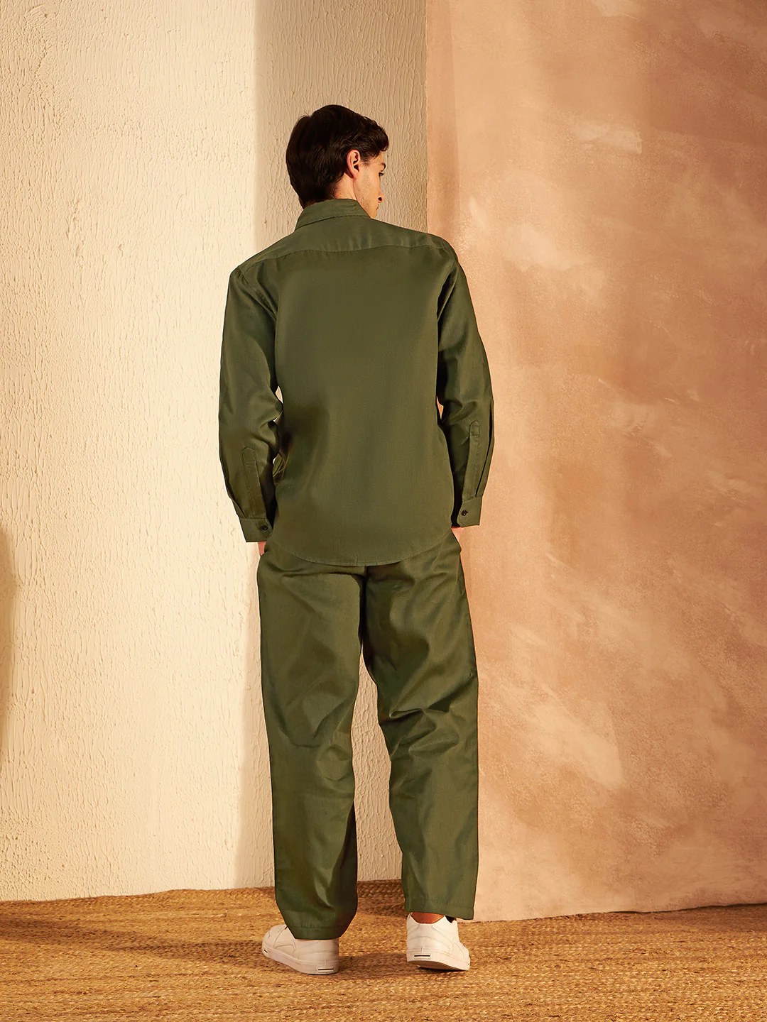 DENNISON Men Olive Coord Set | Solid Shirt With Straight Fit Pant