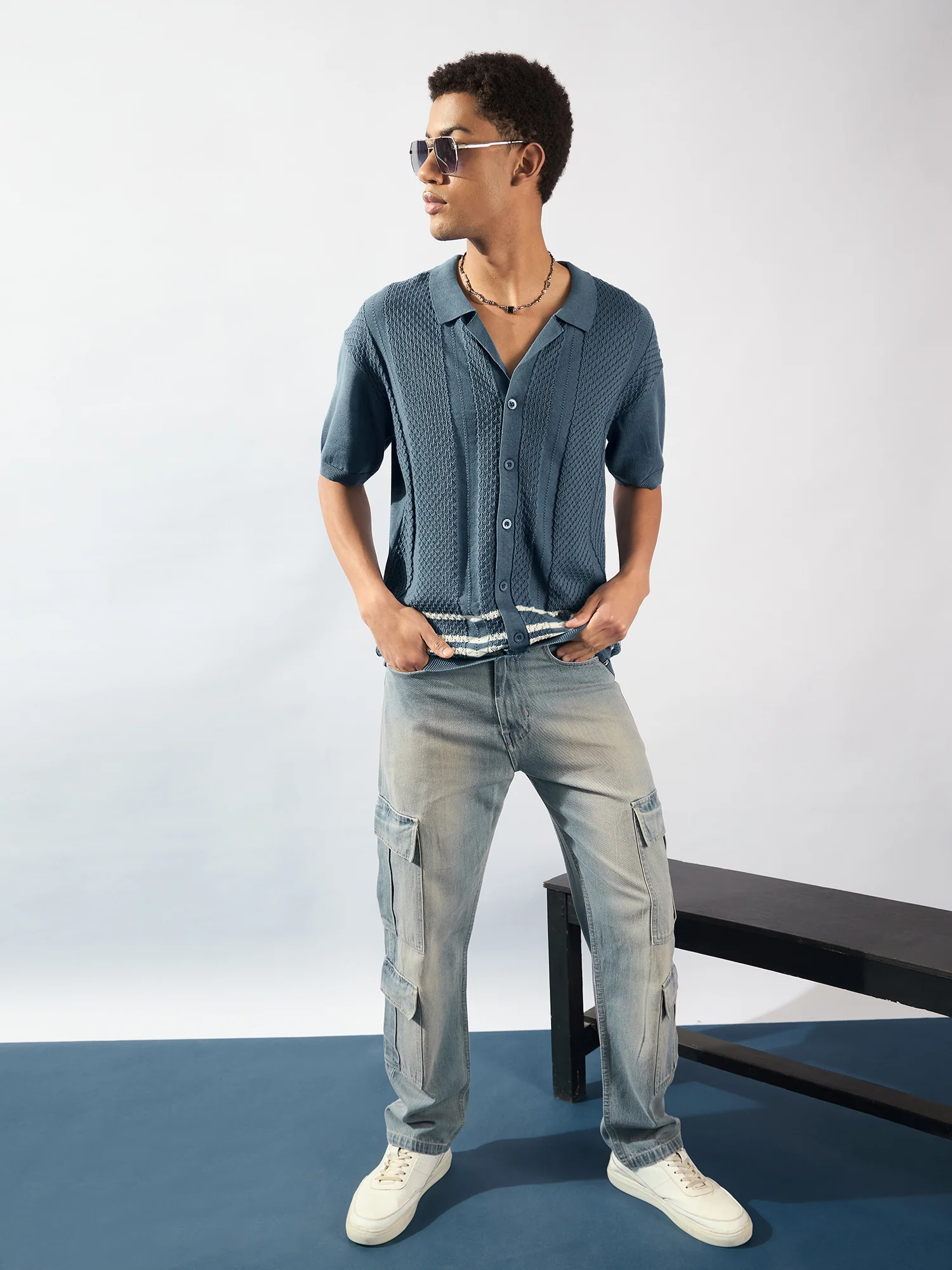 Blue: Korean Baggy Fit Cargo Jeans