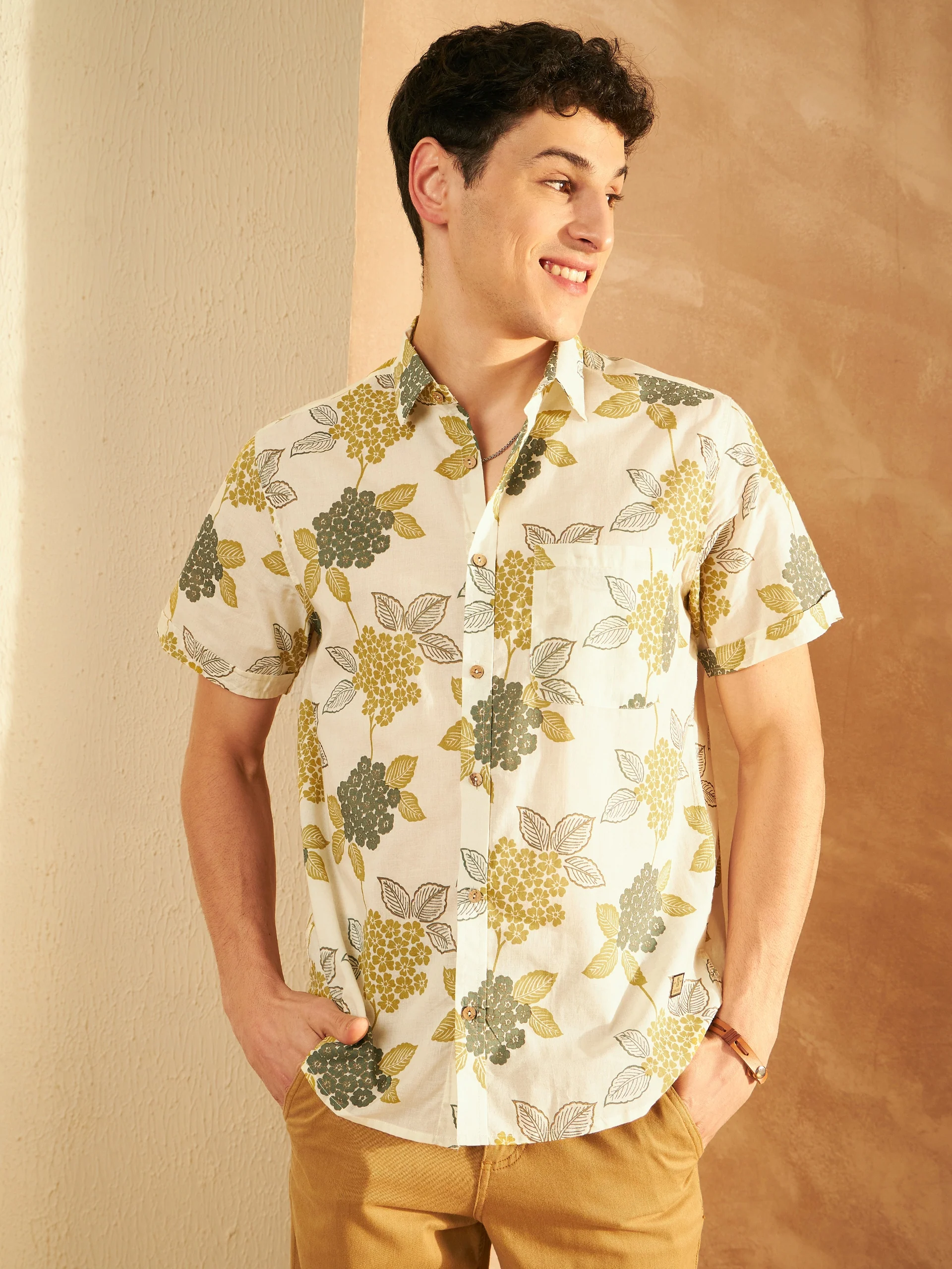 Cream: Half Sleeves Block Printed Shirt