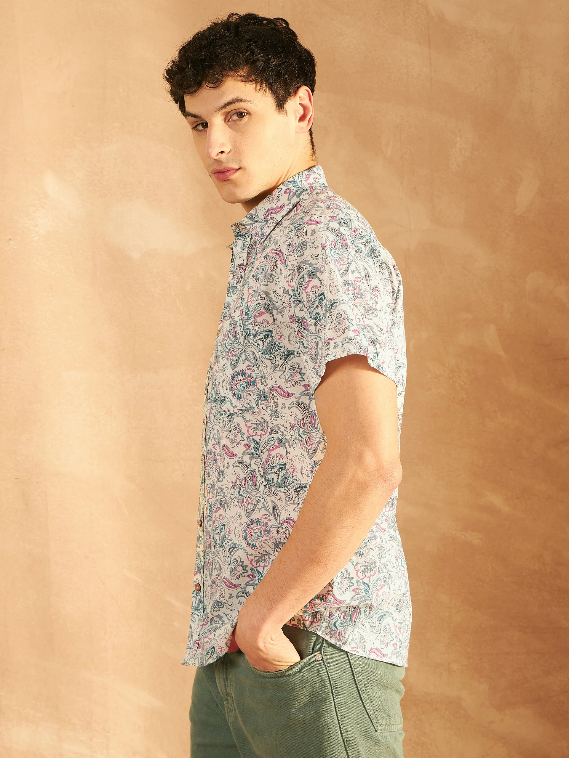 Cream & Blue: Half Sleeves Block Printed Shirt