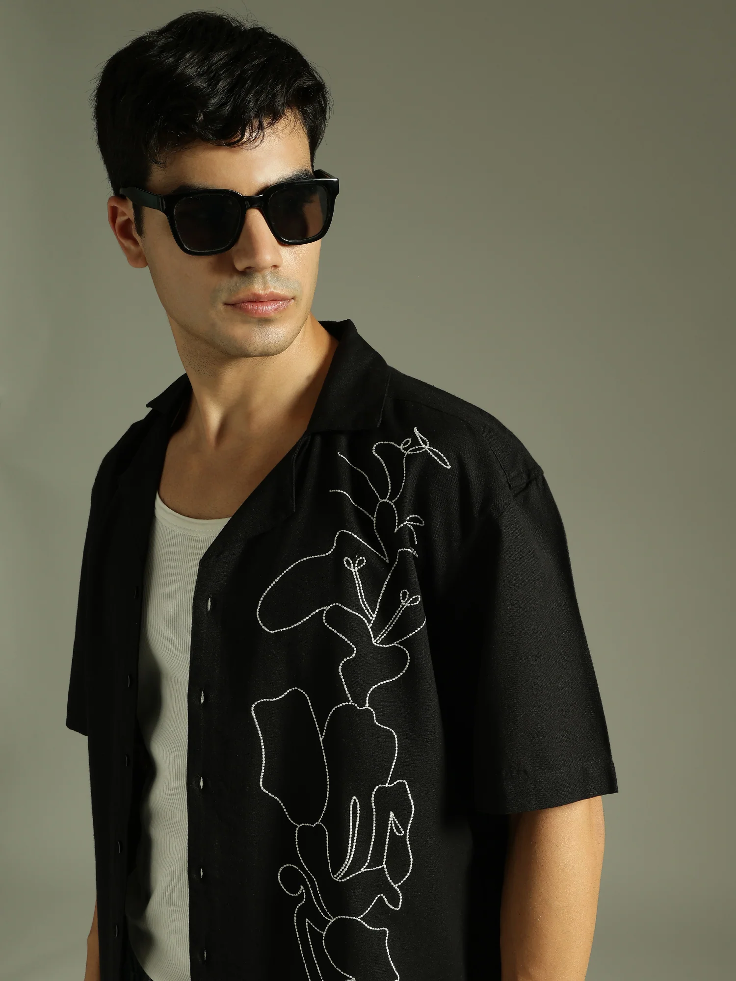 Black: Embroidered Drop Shoulder Oversized Shirt