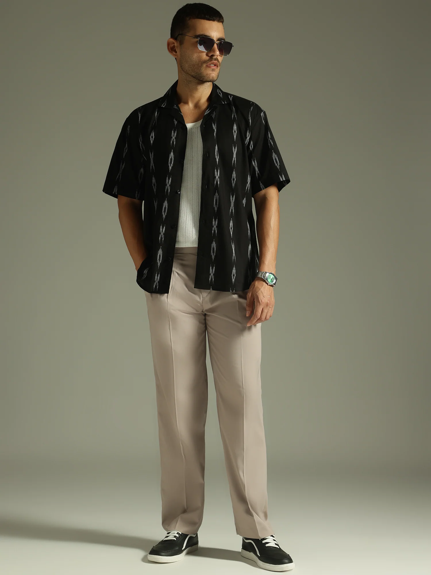 Black: Ikat Embroidered Casual Shirt
