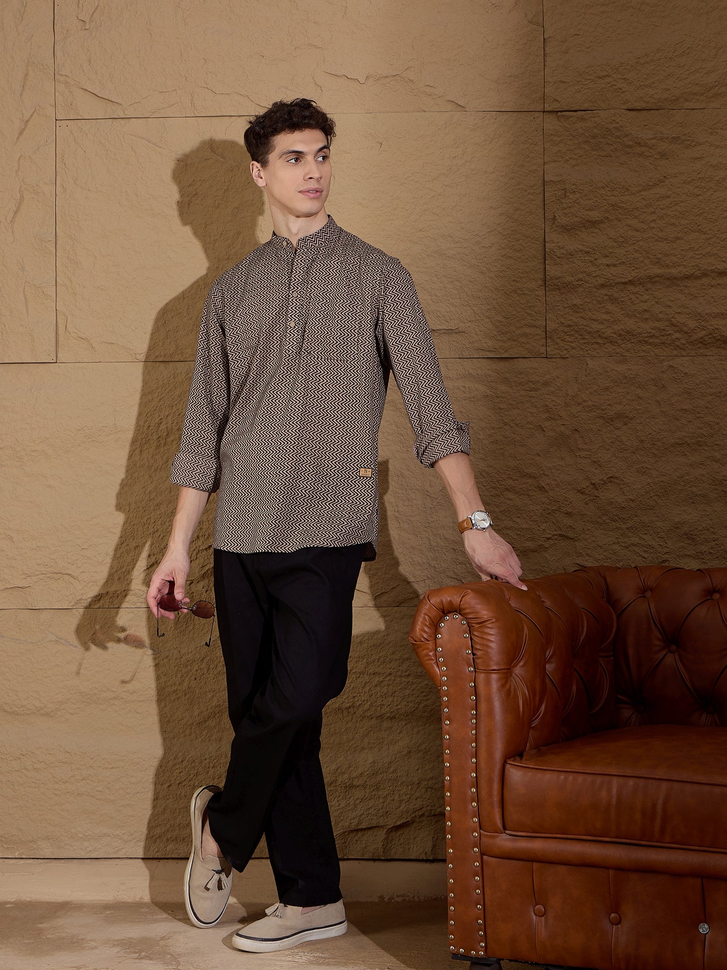 Black and Brown: Full Sleeves Printed Short Kurta