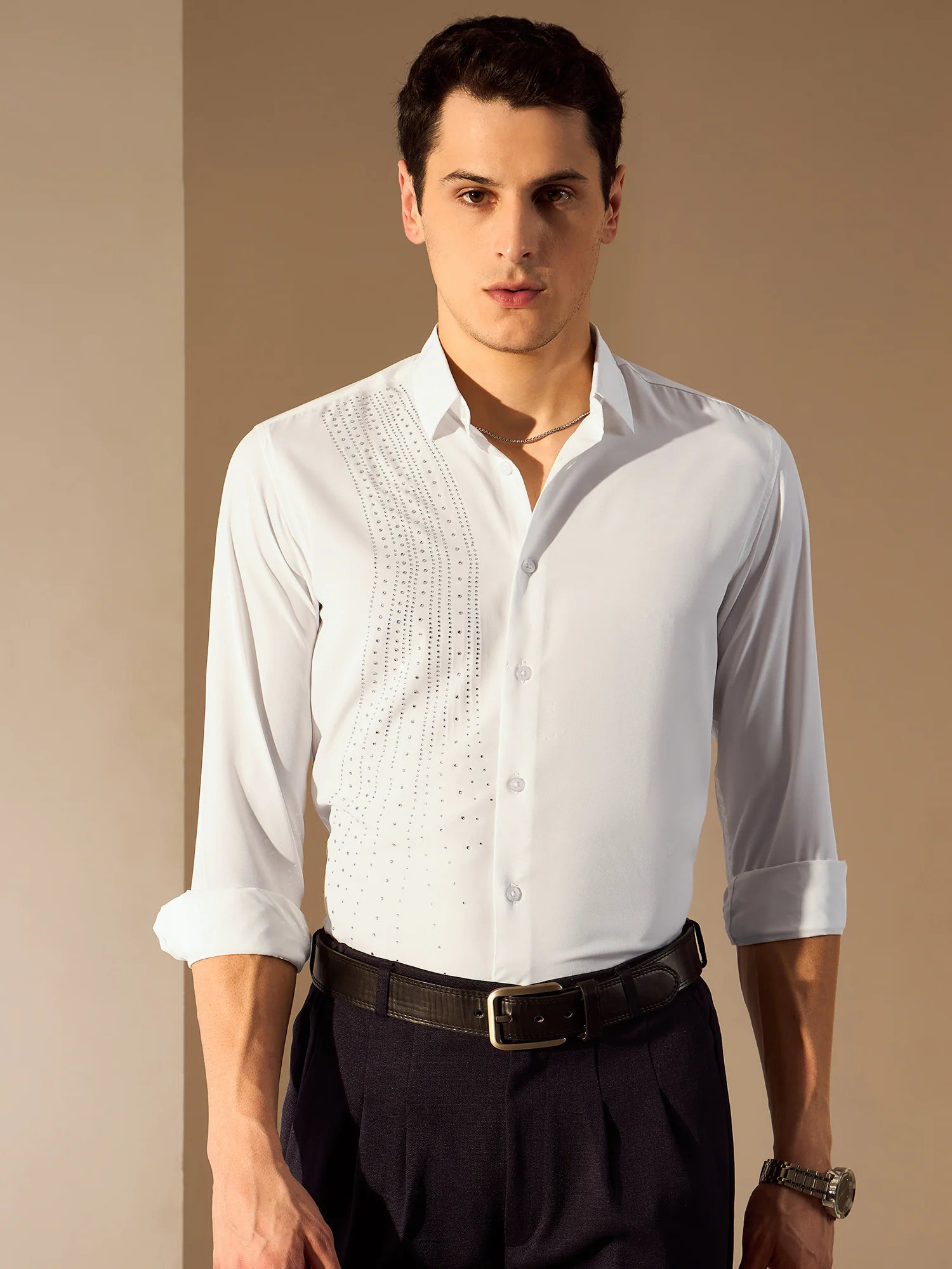 White: Full Sleeves Embellished Party Shirt