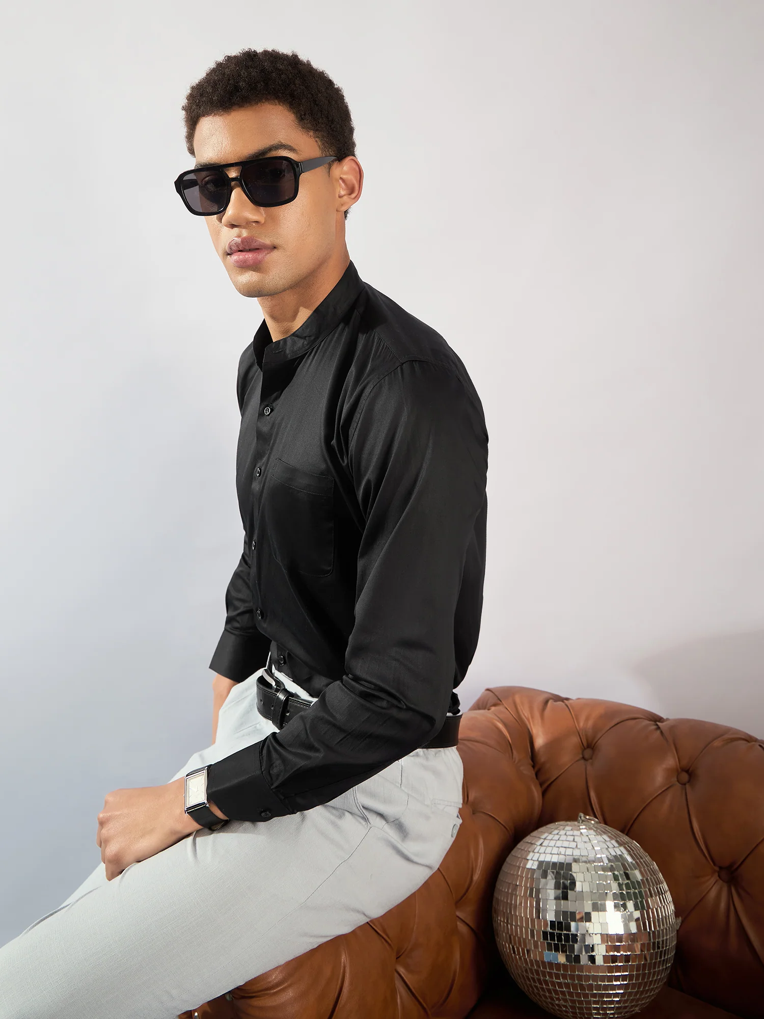 Black Mandarin Collar Cotton Casual Shirt