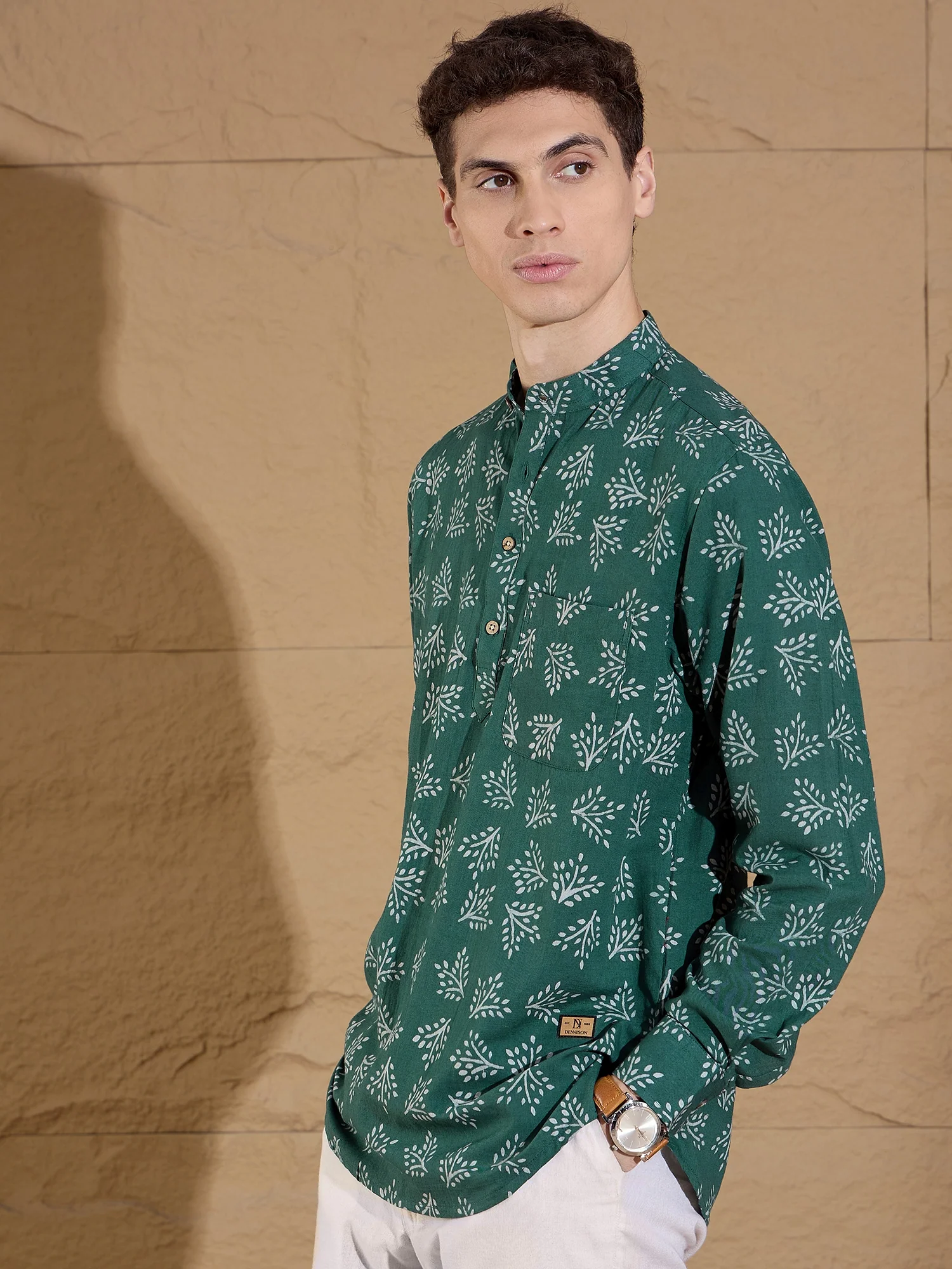 Green and White:Full Sleeves Block Printed Floral Kurta